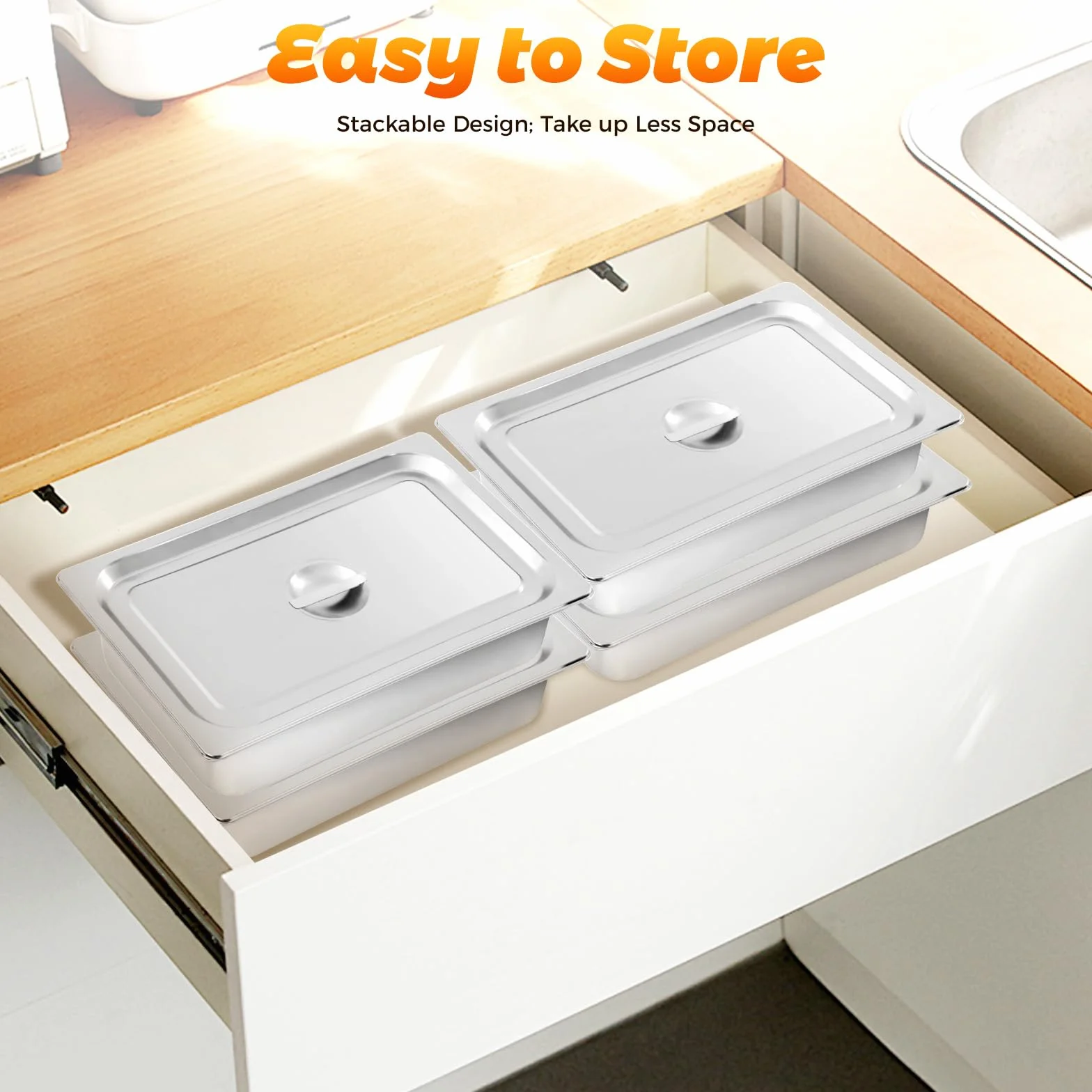 Set di 4 contenitori GN in acciaio inox con coperchio, 10 cm di profondità, 9 litri, per cotolette, carne, pesce, cotolette, padelle per hotel, tavolo Food Pan, impilabili, lavabili in lavastoviglie