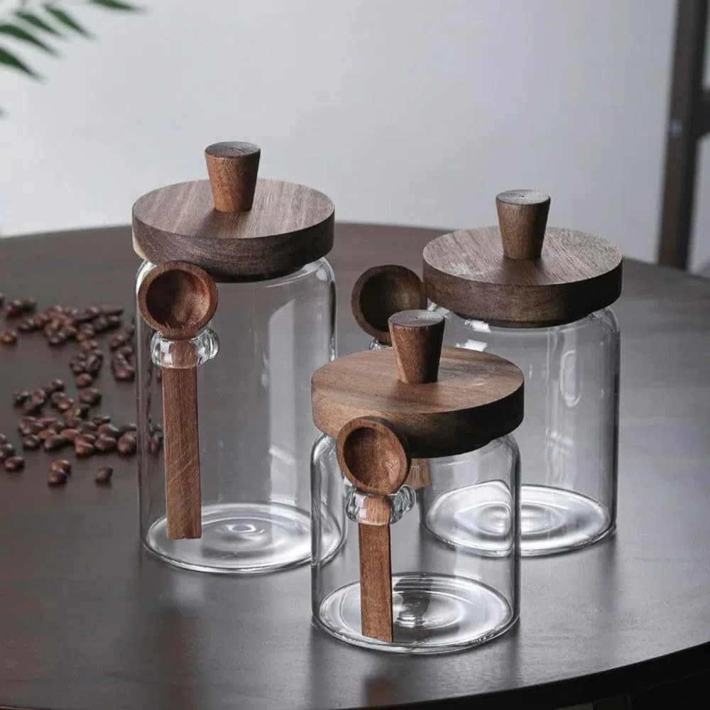 Barattoli in vetro con coperchio in legno e cucchiaio, contenitori per alimenti, barattoli per spezie, tè, caffè, zucchero, organizer da cucina (400 ml)