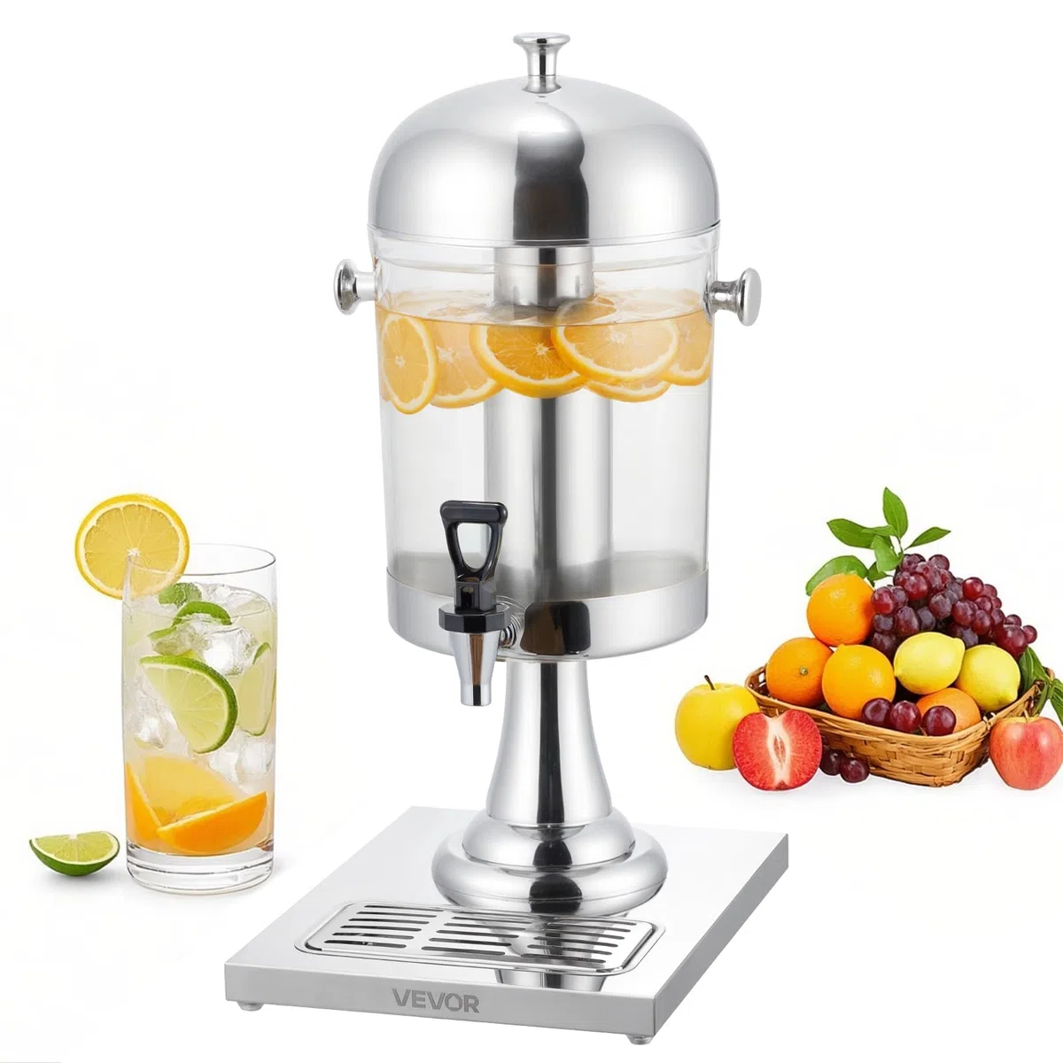 VEVOR Distributore di Bevande, 8 L per Feste, Contenitore di Succhi in Acciaio Inox e Plastica con Rubinetto per Camera del Ghiaccio, Distributore Monocilindrico di Tè, Limonata, per Ristoranti
