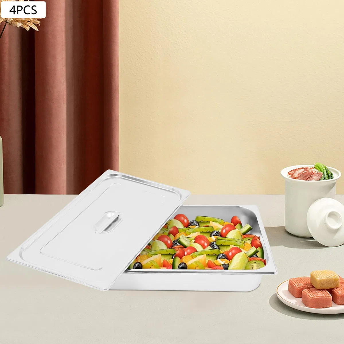 Set di 4 vassoi per alimenti GN 1/2 in acciaio inox 7,5 l, 32,5 x 26,5 x 10 cm, piatto da cucina profondo per buffet, ristorante, cantina