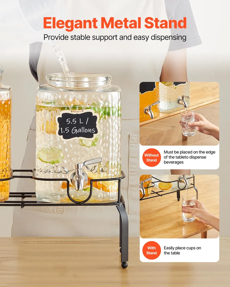 VEVOR Distributore di Bevande, 2 Pezzi da 5,5 L, Contenitore di Succhi in Vetro con Supporto in Metallo, Rubinetto in Acciaio Inox, Infusore, Distributore di Tè Freddo, Limonata, per Feste