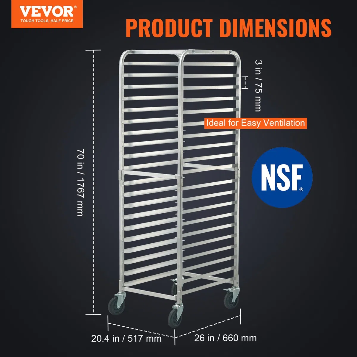 VEVOR Portateglie per panini, Scaffale per panetteria commerciale a 20 livelli con ruote con freno, Carrello in alluminio, Rastrelliera rapida per cucina domestica, 26"x20,4"x70"