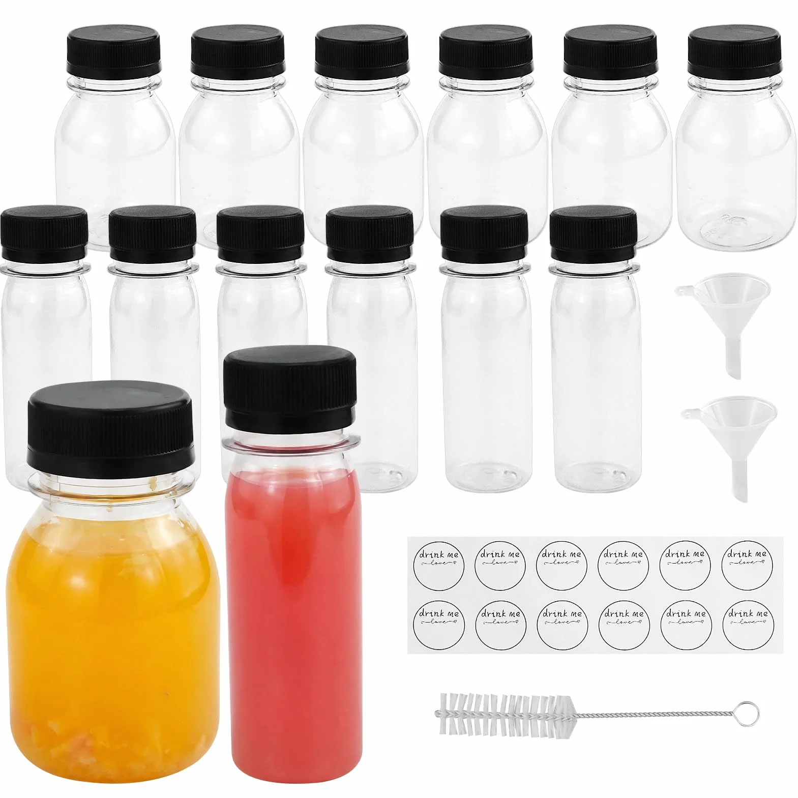 Bottiglie di succo in plastica con tappi, 12 pezzi, contenitori riutilizzabili per succhi da 60/120 ml, con coperchio a prova di manomissione, nero, trasparenti, per succhi di frutta, latte, frullati