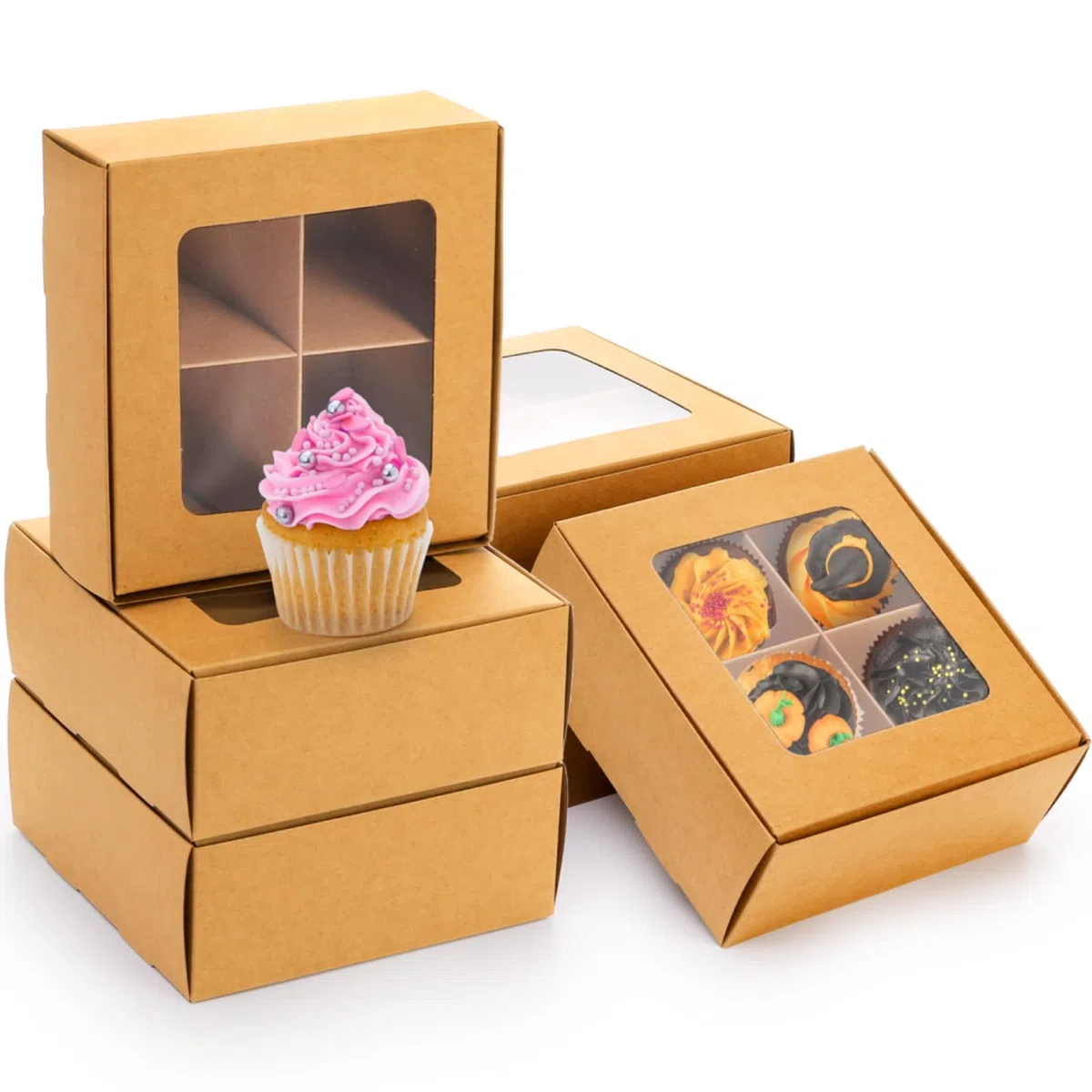 Eorbow Confezione da 40 scatole da forno marroni con finestra e divisori, mini scatole da pasticceria da 15 x 15 cm con 4 scomparti, scatole regalo in carta kraft con inserti, contenitori per