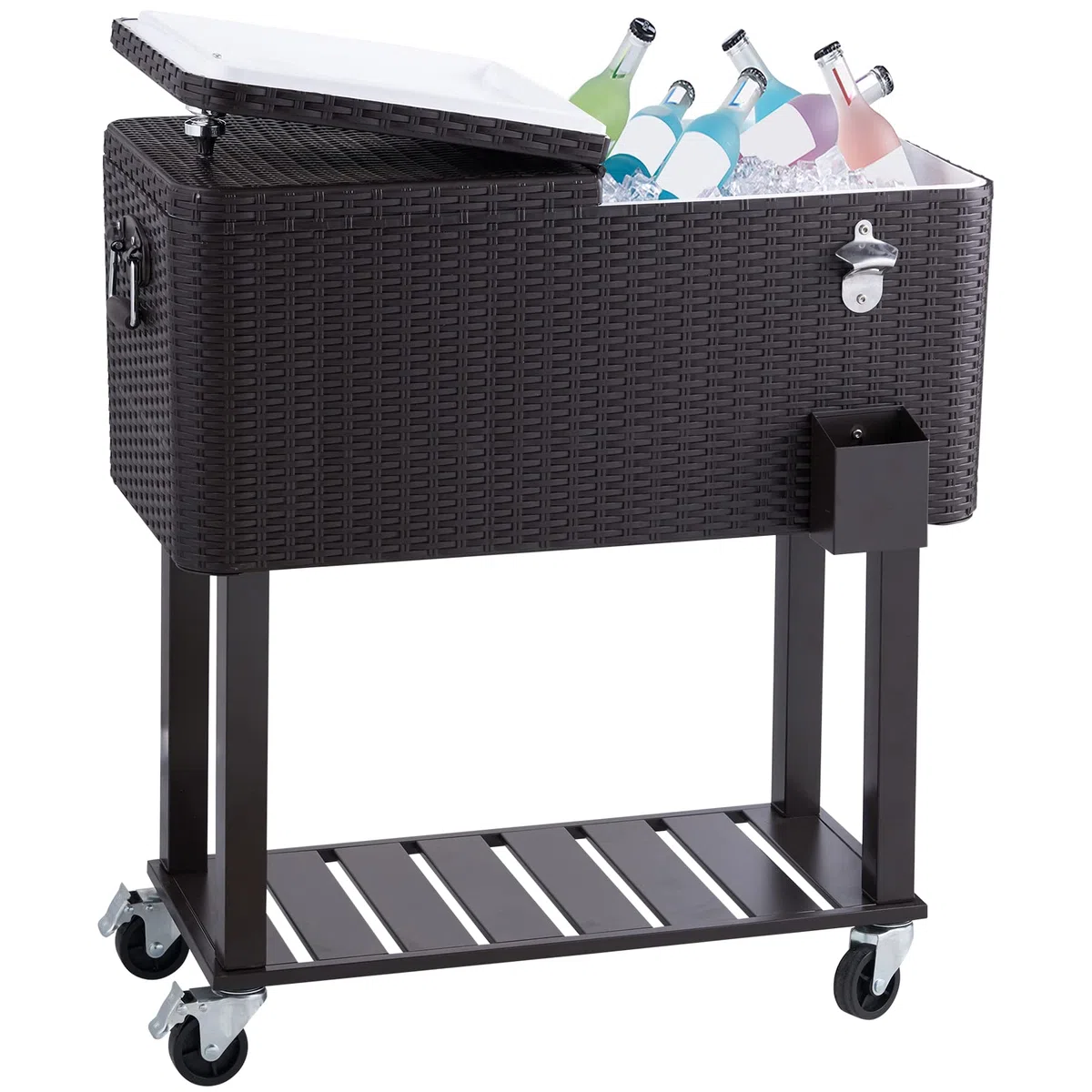 VEVOR Carrello Mobile Bar Frigo per Bevande Carrello Isotermico Superficie Resina Rattan Capienza 80QT Apribottiglie Scatola Raccoglie Tappi, Carrello per Bevande Contenitore per Ghiaccio Portabirre
