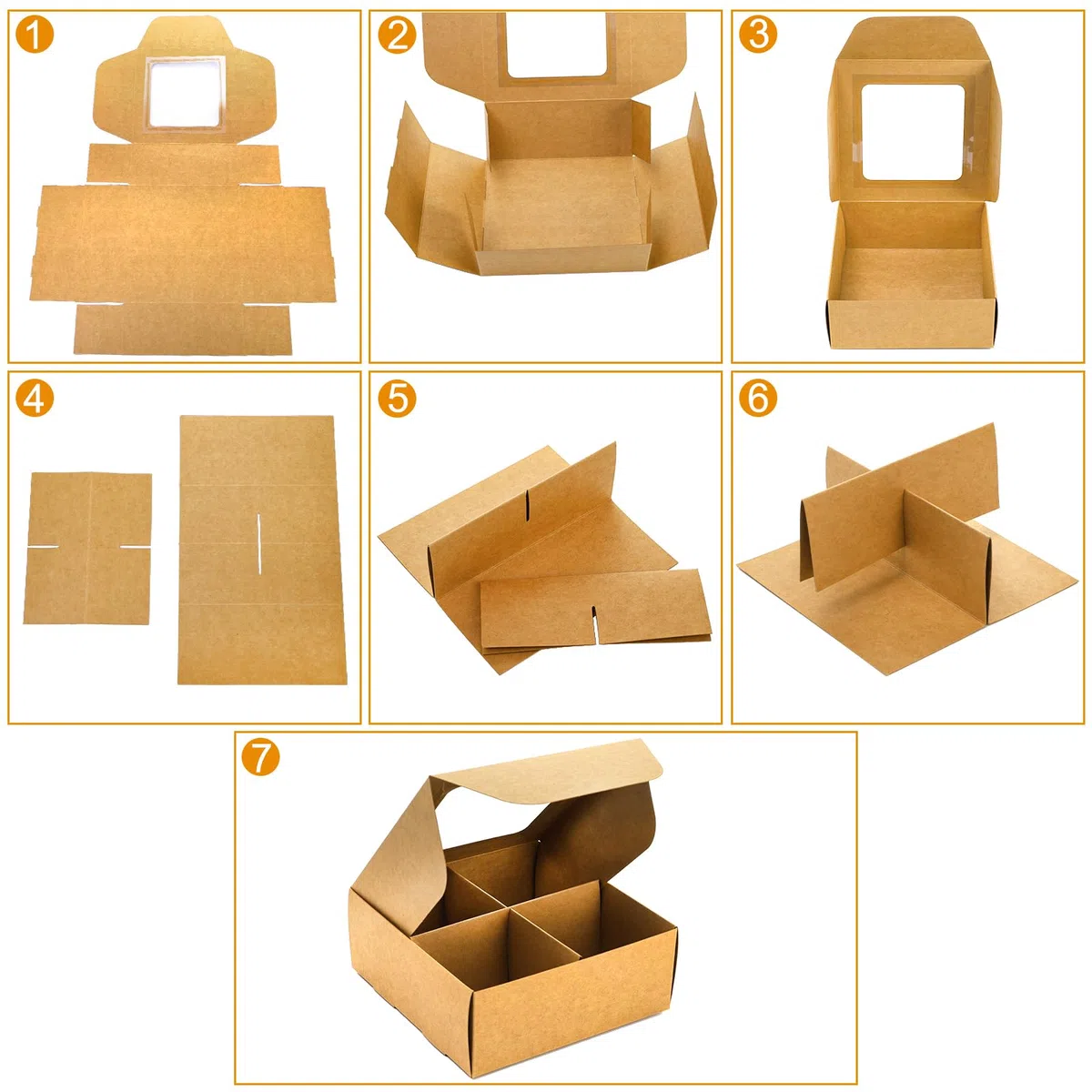 Eorbow Confezione da 40 scatole da forno marroni con finestra e divisori, mini scatole da pasticceria da 15 x 15 cm con 4 scomparti, scatole regalo in carta kraft con inserti, contenitori per