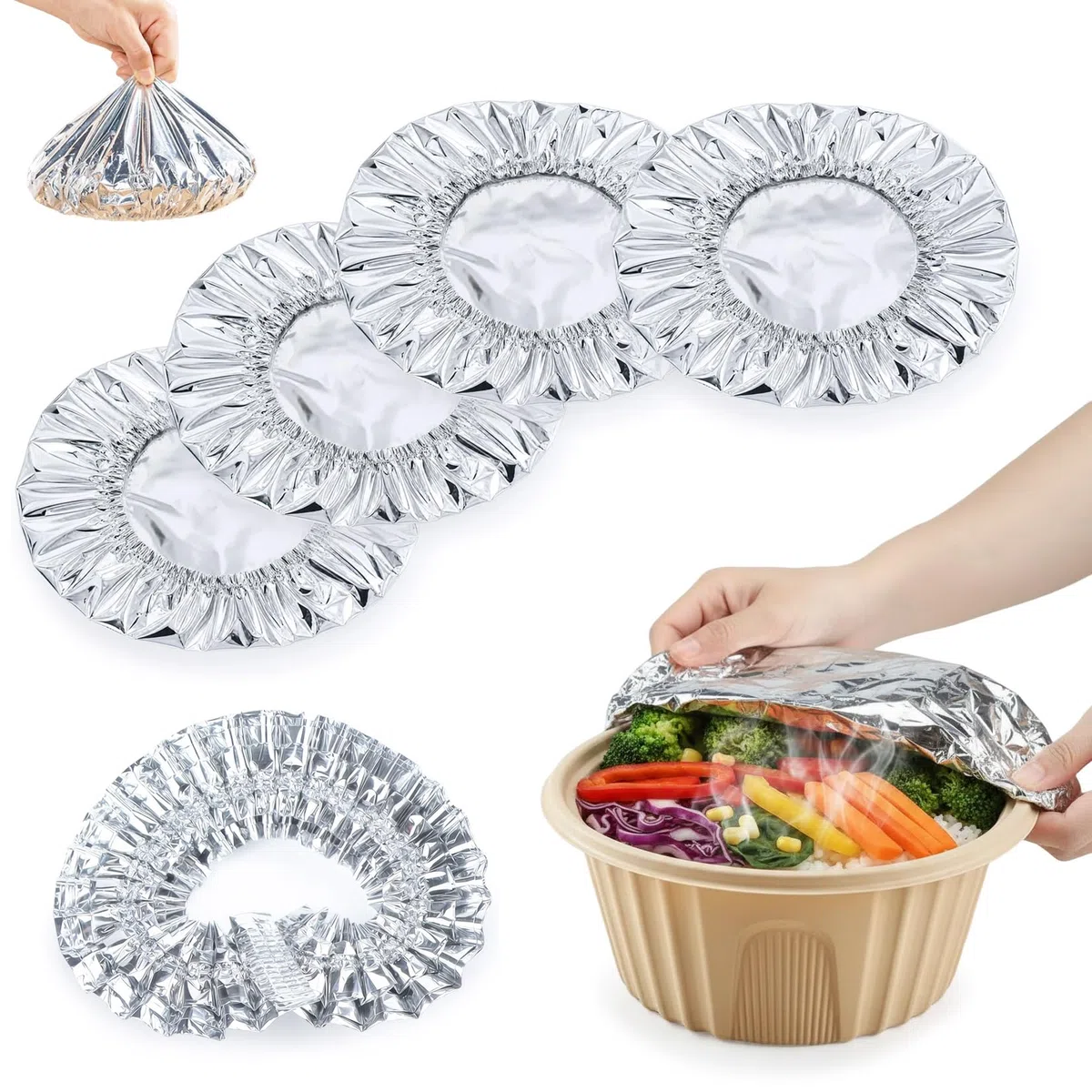 50 Pezzi Coperture Isolanti in Foglio di Alluminio, Pellicola in Alluminio con Elastico, Coperchi Termici Riutilizzabili in Alluminio, Coperture per Alimenti Resistenti al Calore per Cibo e Frutta