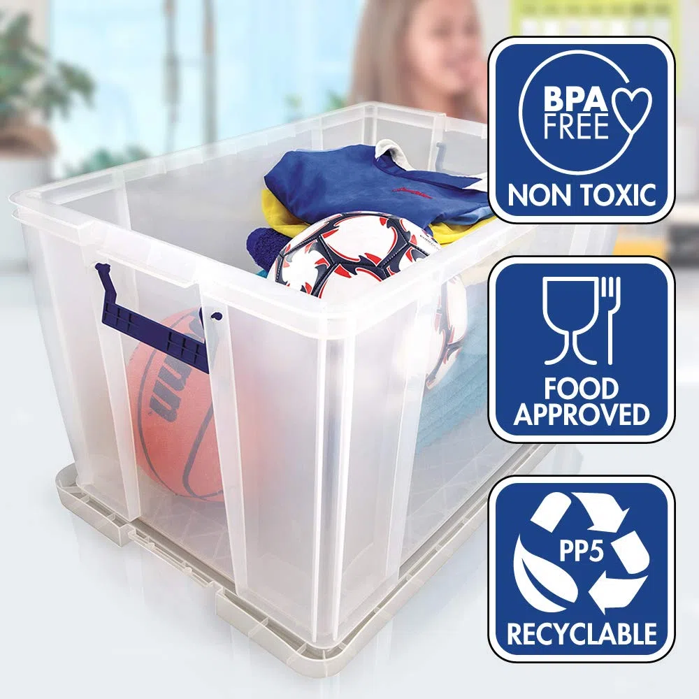 Bankers Box Prostore scatola porta oggetti in plastica con coperchio, 85 litri, impilabile, scatole per armadio super resistenti, dimensioni 37,5x57,5x38 cm, contenitori plastica trasparente, 1 unità