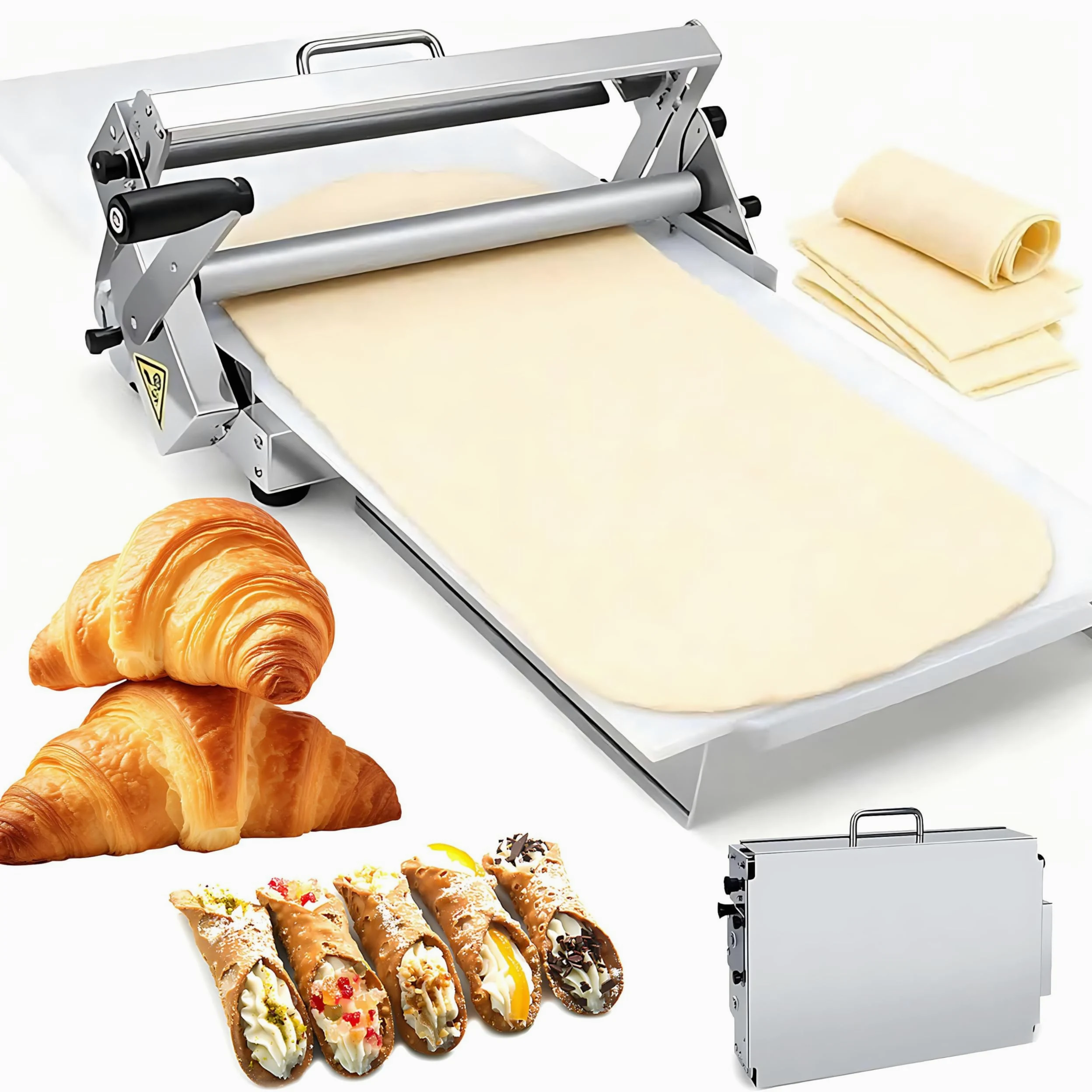 Sfogliatrice Pasticceria Manuale Pieghevole, Sfogliatrice Pasticceria Manuale In Acciaio Inox, Spessori Regolabili da 0 a 25 mm, Superficie Antiaderente in PP, per Croissant, Pizza e Pasta 400-Model