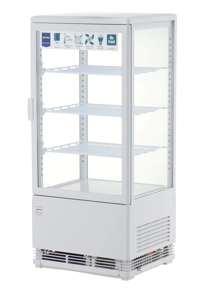 METRO Professional Vetrina Refrigerata GGC2078, Plastica/Vetro, 78 L, Termostato Digitale, Illuminazione LED, 3 Ripiani Regolabili, Bianco
