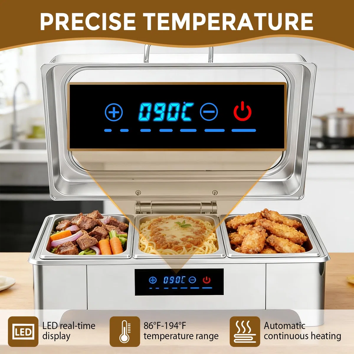 LIROPAU Pasto Chafing Dish, scaldavivande in acciaio inox da 9 l, con coperchio in vetro visibile, 3 contenitori in acciaio inox per feste, matrimoni, buffet e feste (3 set da 1/3 + 1/3 + 1/3 GN)