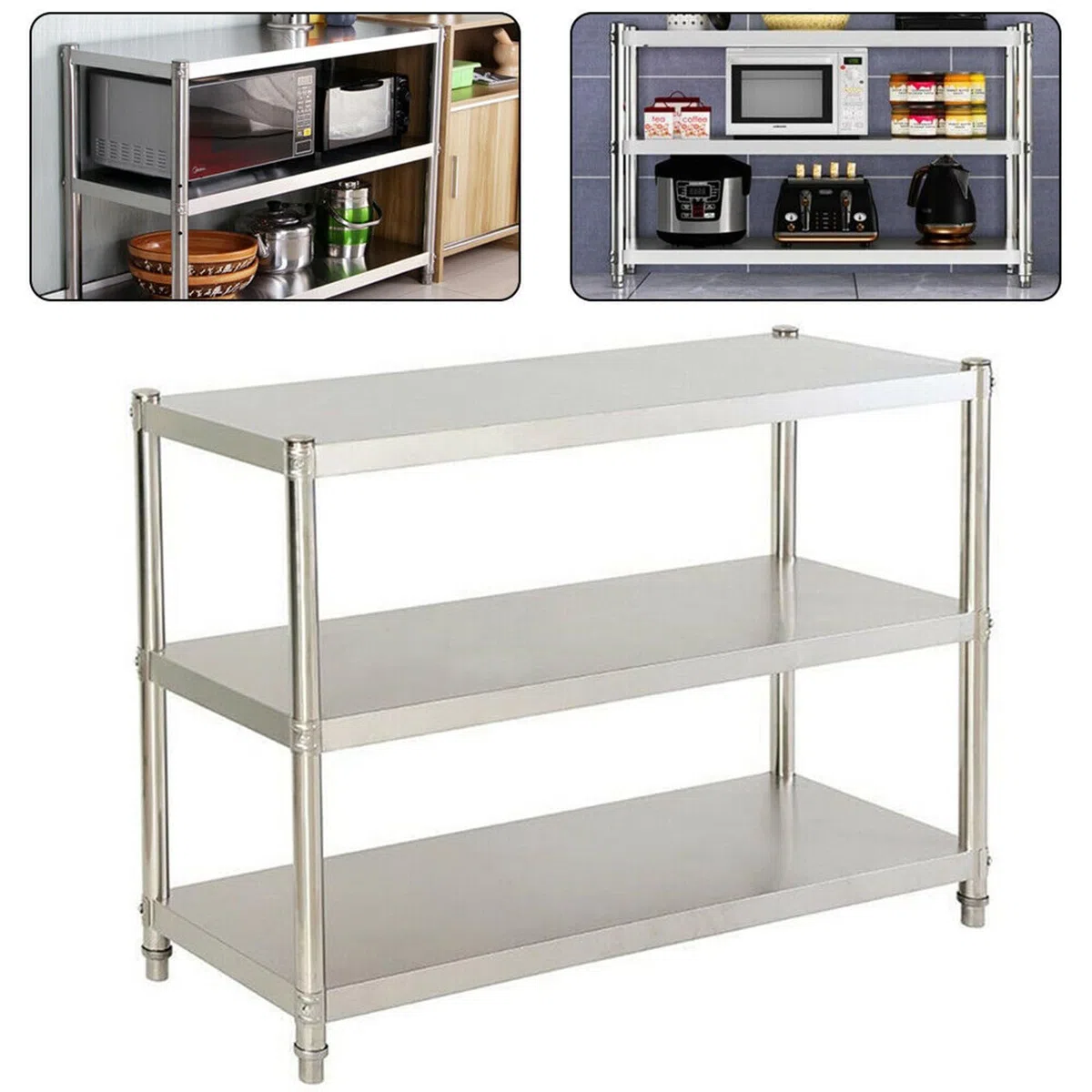 Tavolo da cucina in acciaio inox, 80 x 80 x 40 cm, 3 ripiani, per dispense, ristoranti, cucine, grandi cucine, carico 50 kg