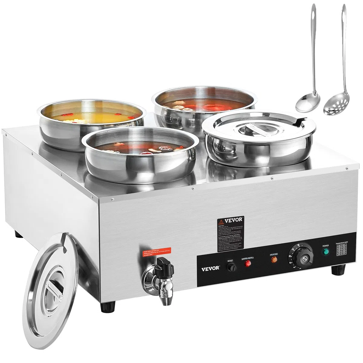 VEVOR Scaldazuppe Elettrico 580 x 648 x 310 mm Scaldavivande Commerciale in acciaio inox 4 x 8,14 L 1500 W Temperatura Regolabile 30-85 °C Protezione da Bruciature a Secco per Buffet del Ristorante