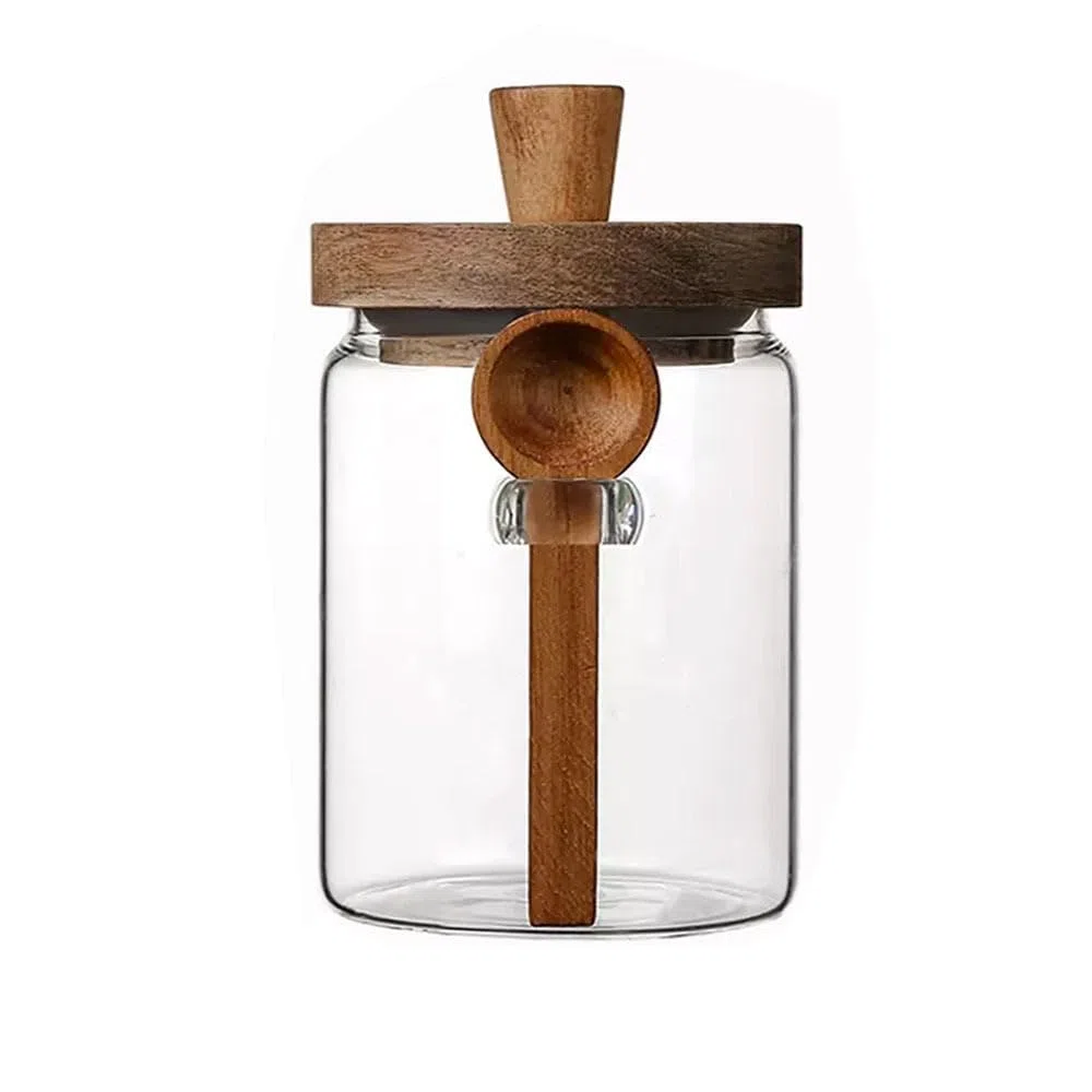 Barattoli in vetro con coperchio in legno e cucchiaio, contenitori per alimenti, barattoli per spezie, tè, caffè, zucchero, organizer da cucina (400 ml)