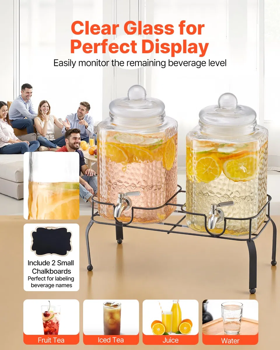 VEVOR Distributore di Bevande, 2 Pezzi da 5,5 L, Contenitore di Succhi in Vetro con Supporto in Metallo, Rubinetto in Acciaio Inox, Infusore, Distributore di Tè Freddo, Limonata, per Feste