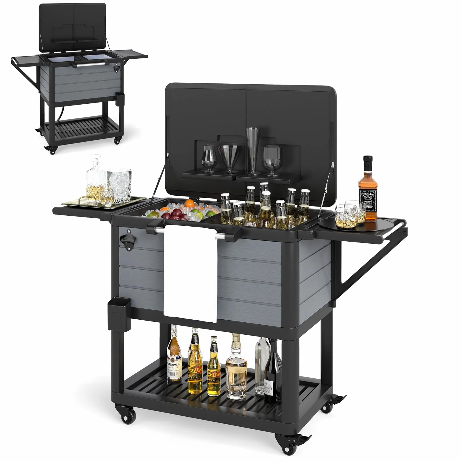 SOARS Glaciera a Rotelle 91 L, Bar Esterno Mobile 83 x 50 x 85 cm, con Separatore Rimovibile, 2 Ripiani Laterali Pieghevoli, 4 Ruote Universali, per Giardino, Terrazza, Piscina