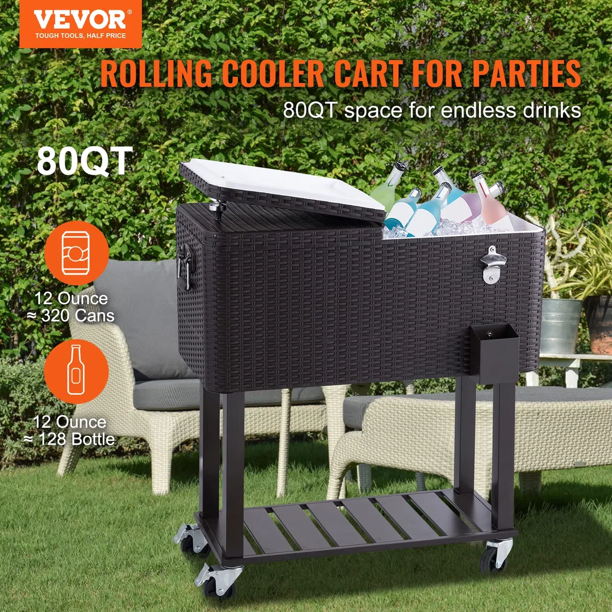 VEVOR Carrello Mobile Bar Frigo per Bevande Carrello Isotermico Superficie Resina Rattan Capienza 80QT Apribottiglie Scatola Raccoglie Tappi, Carrello per Bevande Contenitore per Ghiaccio Portabirre