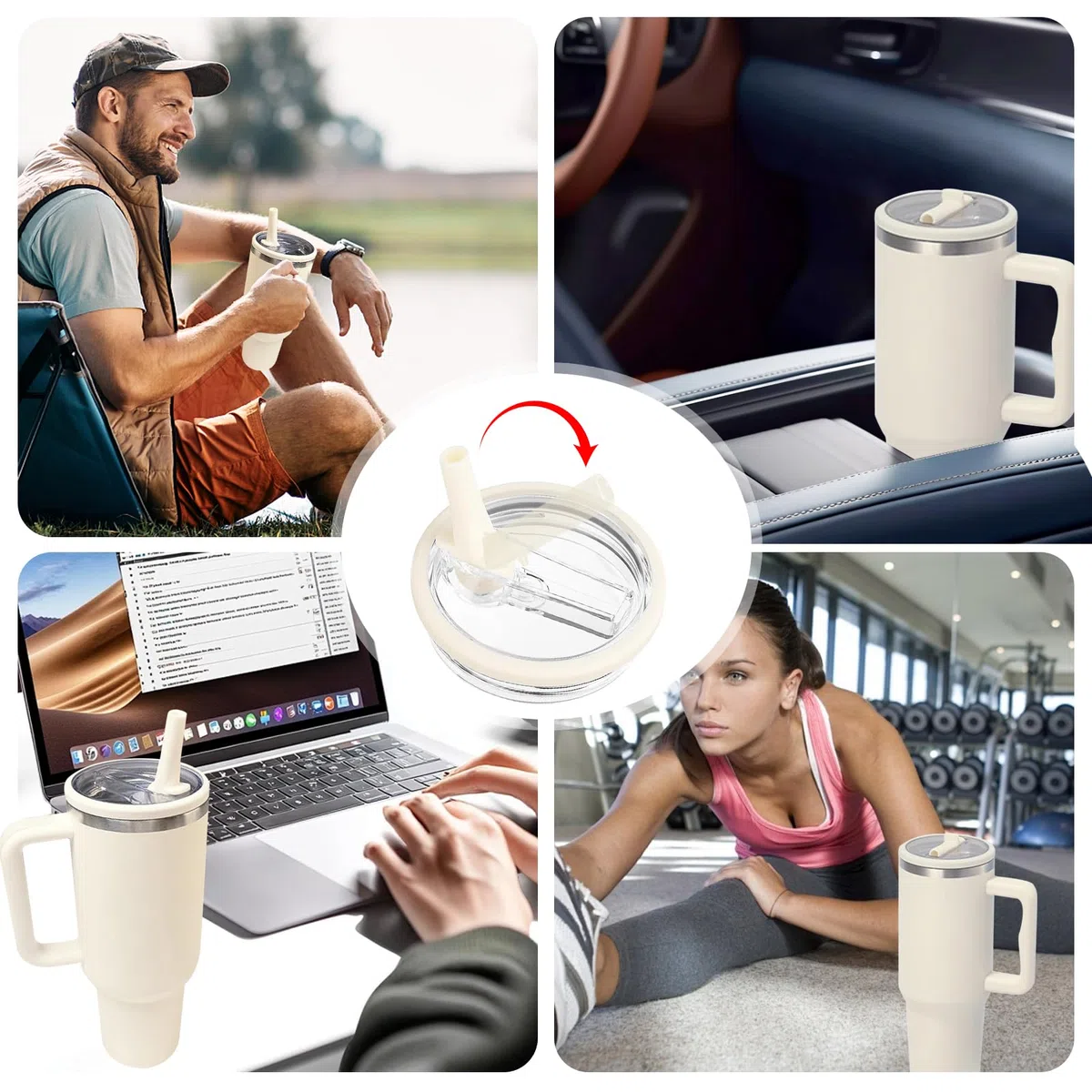 2 Pezzi Sostituzione del Coperchio della Tazza Compatibile con Stanley Cup 40 oz, Stanley Accessori Riutilizzabili, con 2 Cannucce, StanleyCup Accessori (Beige)