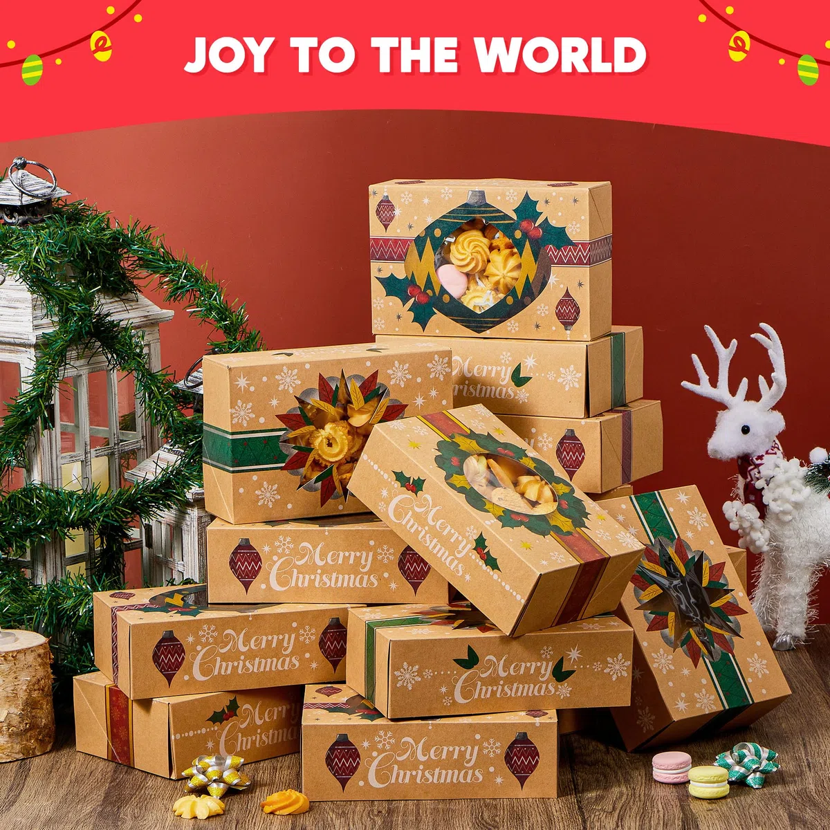 JOYIN 24 Scatole di biscotti natalizi kraft kraft con finestra 8,5 "x 5,75" x 2,75 ", tratta scatole con 3 disegni per pasticcini, cupcakes, brownies, regalo, ciambella e biscotti