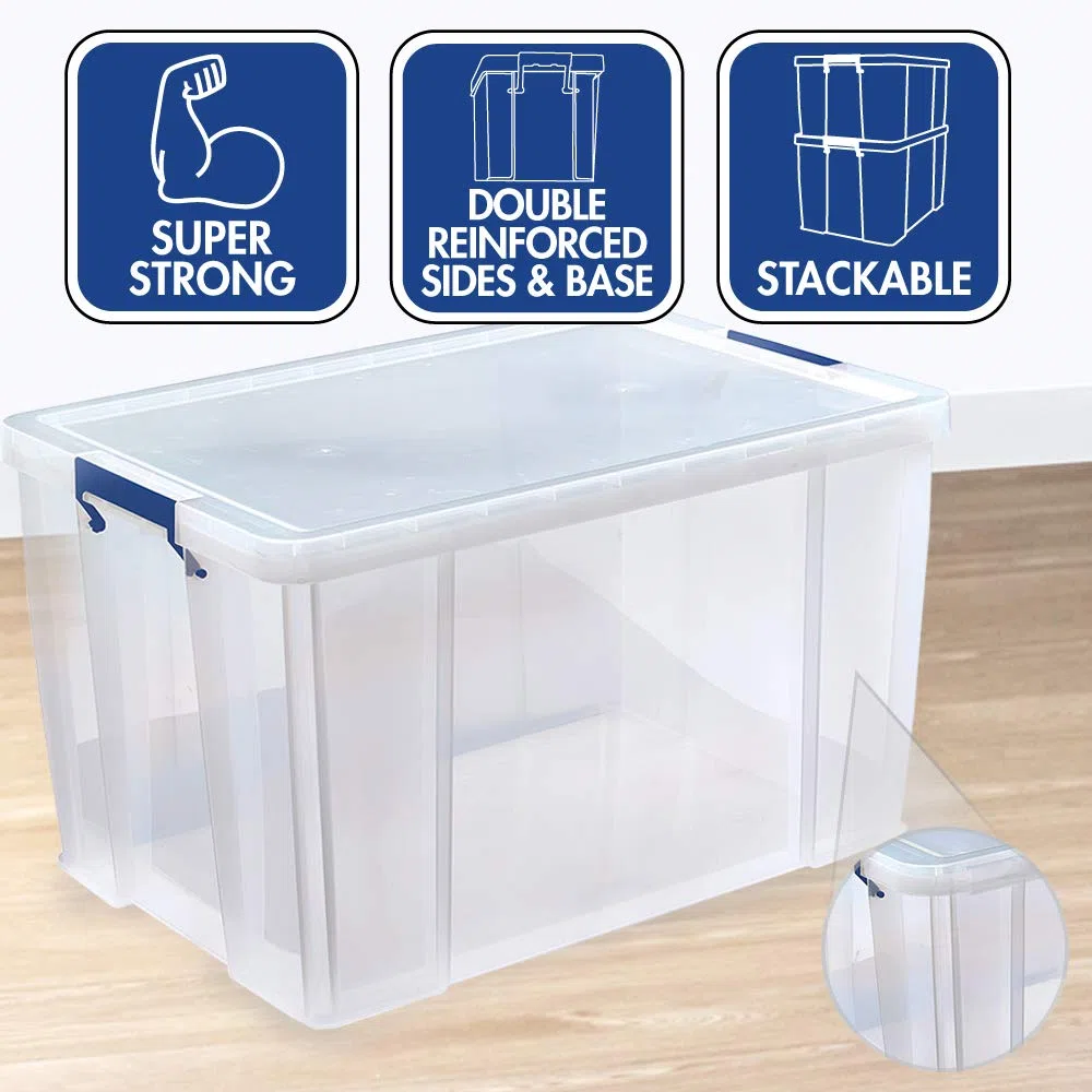 Bankers Box Prostore scatola porta oggetti in plastica con coperchio, 85 litri, impilabile, scatole per armadio super resistenti, dimensioni 37,5x57,5x38 cm, contenitori plastica trasparente, 1 unità