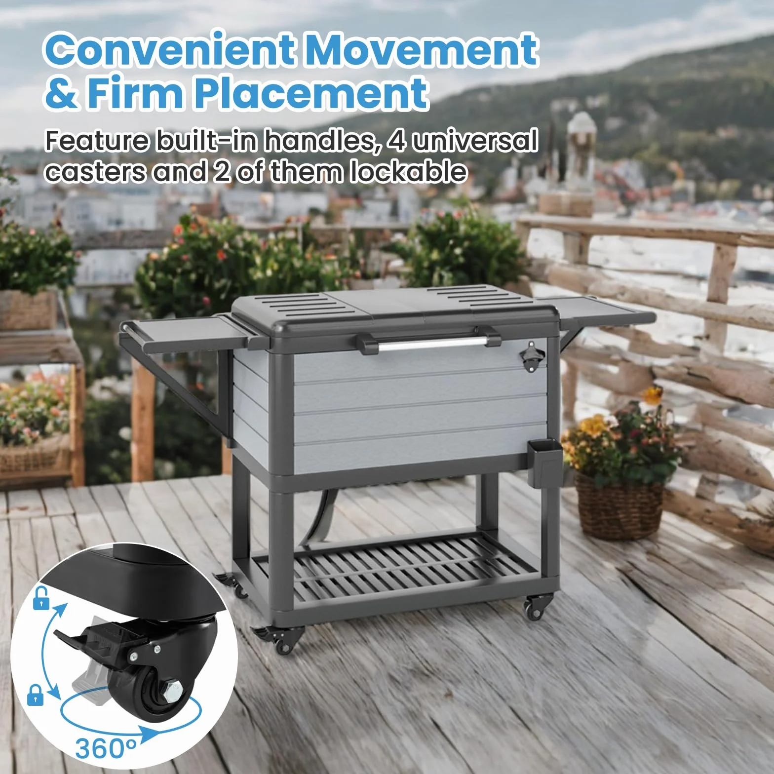 SOARS Glaciera a Rotelle 91 L, Bar Esterno Mobile 83 x 50 x 85 cm, con Separatore Rimovibile, 2 Ripiani Laterali Pieghevoli, 4 Ruote Universali, per Giardino, Terrazza, Piscina