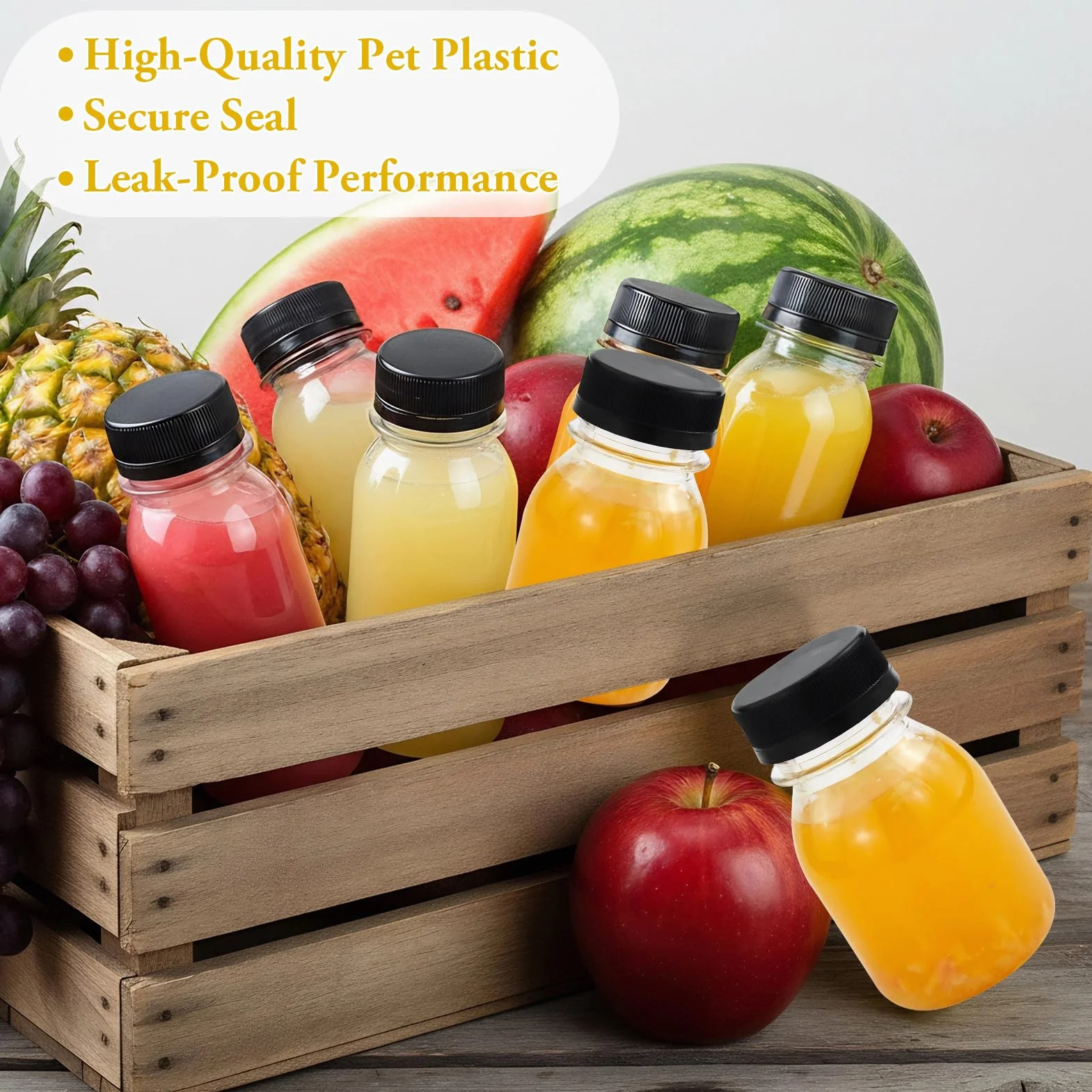 Bottiglie di succo in plastica con tappi, 12 pezzi, contenitori riutilizzabili per succhi da 60/120 ml, con coperchio a prova di manomissione, nero, trasparenti, per succhi di frutta, latte, frullati