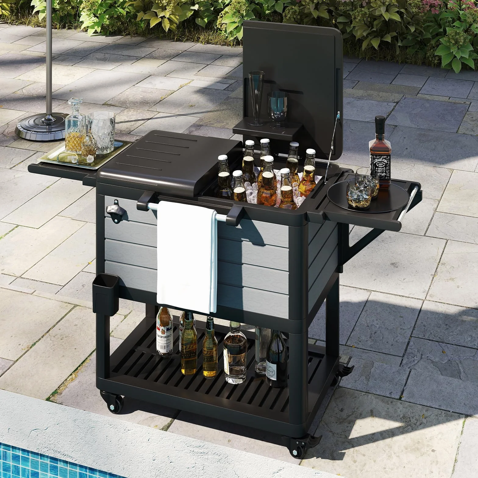 SOARS Glaciera a Rotelle 91 L, Bar Esterno Mobile 83 x 50 x 85 cm, con Separatore Rimovibile, 2 Ripiani Laterali Pieghevoli, 4 Ruote Universali, per Giardino, Terrazza, Piscina