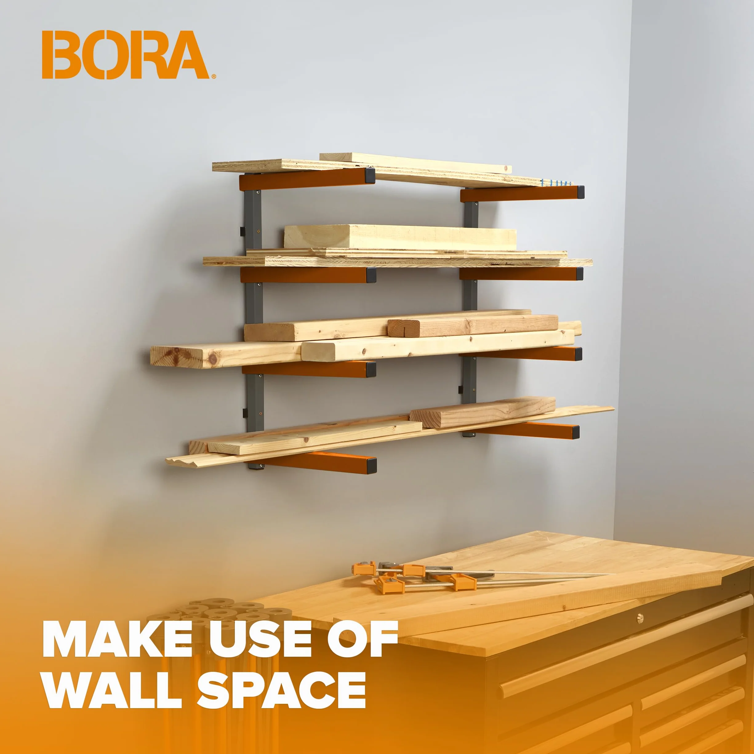 BORA Portamate PBR-0410 – Rack Legname 4 Ripiani a Parete | 199,6 kg Capacità | Scaffale Officina Garage