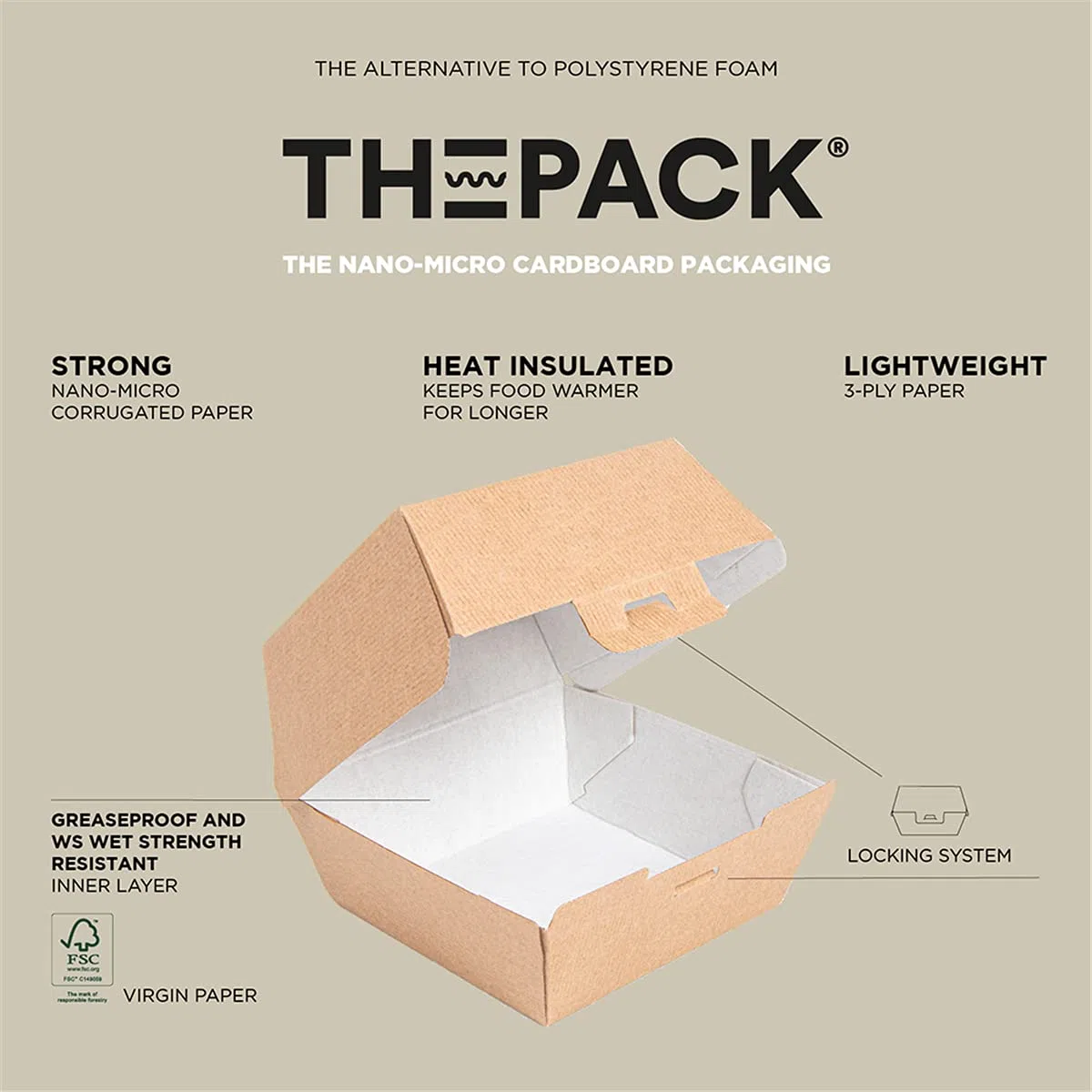 Garcia de Pou 50 pezzi - Scatole Hamburger 'Thepack' 220 G/M2 13 x 12,5 x 9 cm naturale cartone ondulato Nano-Micro