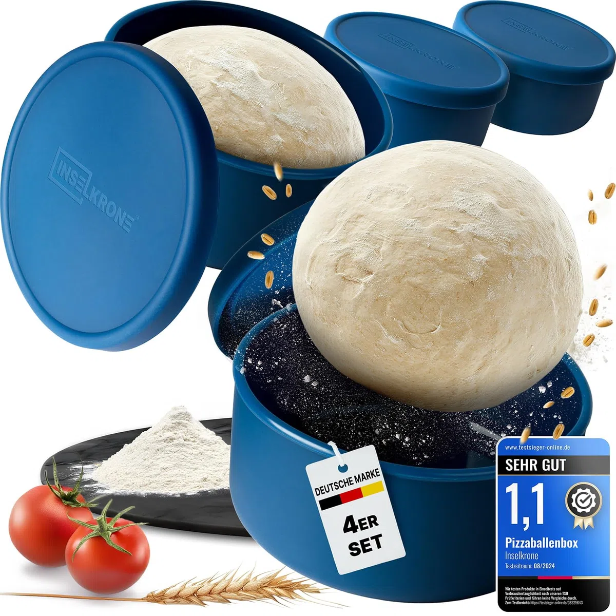Scatola per pizza con coperchio, set da 4 pezzi, in silicone flessibile, fino a 350 g, con coperchio, traspirante, per pizza, per la fermentazione, colore blu, diametro 14 cm
