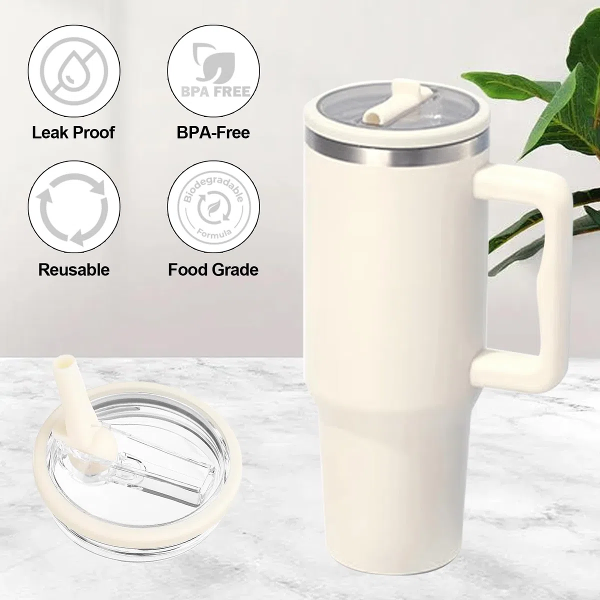 2 Pezzi Sostituzione del Coperchio della Tazza Compatibile con Stanley Cup 40 oz, Stanley Accessori Riutilizzabili, con 2 Cannucce, StanleyCup Accessori (Beige)