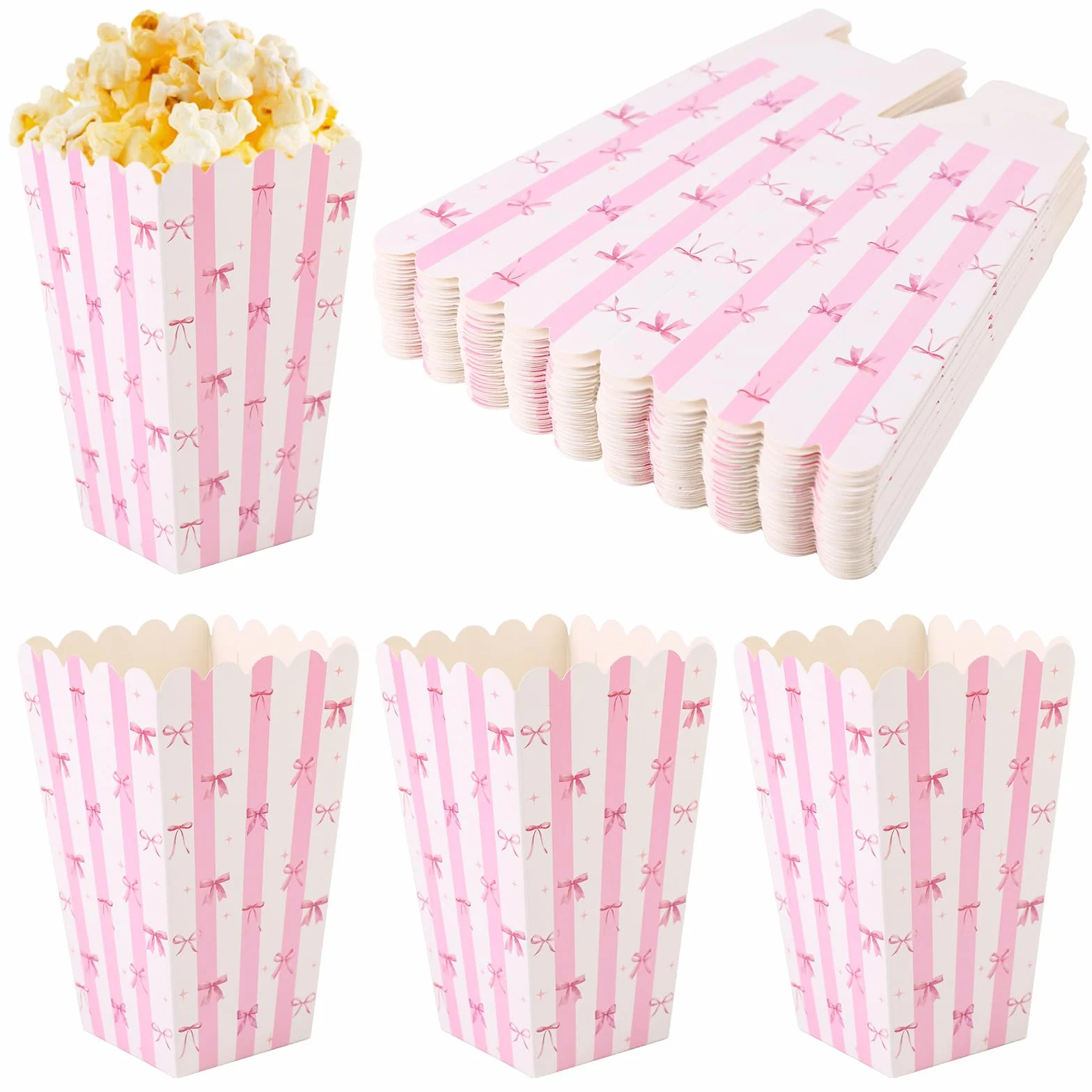 BOXOB 24 Scatole per Popcorn con Fiocco Rosa, Piccole Scatole Snack Biscotti e Caramelle Contenitori Popcorn per Feste di Compleanno Bambini Bambine (Bianco Rosa)