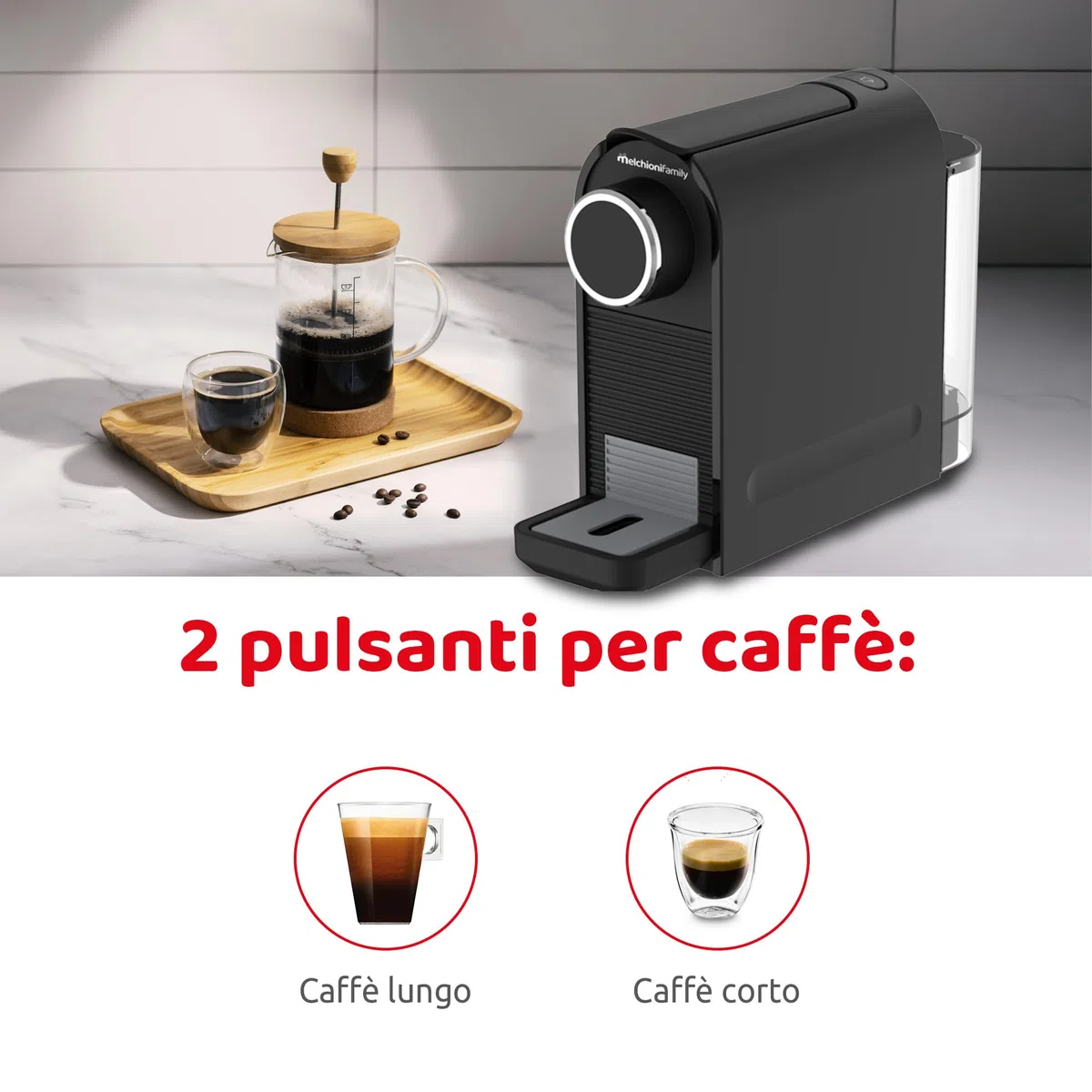 Melchioni Family | Macchina Caffè Amabile Compatibile Capsule Nespresso con Pompa 20 Bar, 2 Pulsanti Espresso Lungo e Corto, Serbatoio 0,5L, Design Compatto con Poggia Tazzina Regolabile, 1400W