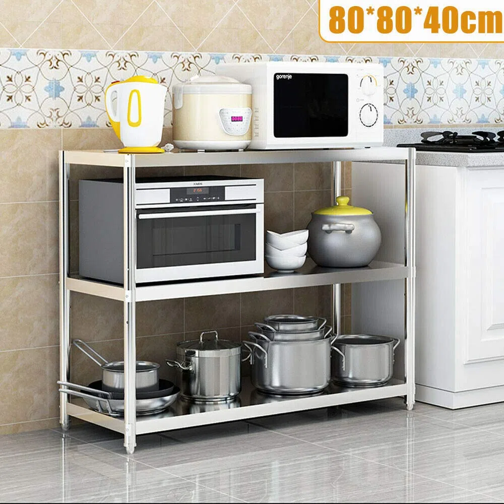 Tavolo da cucina in acciaio inox, 80 x 80 x 40 cm, 3 ripiani, per dispense, ristoranti, cucine, grandi cucine, carico 50 kg