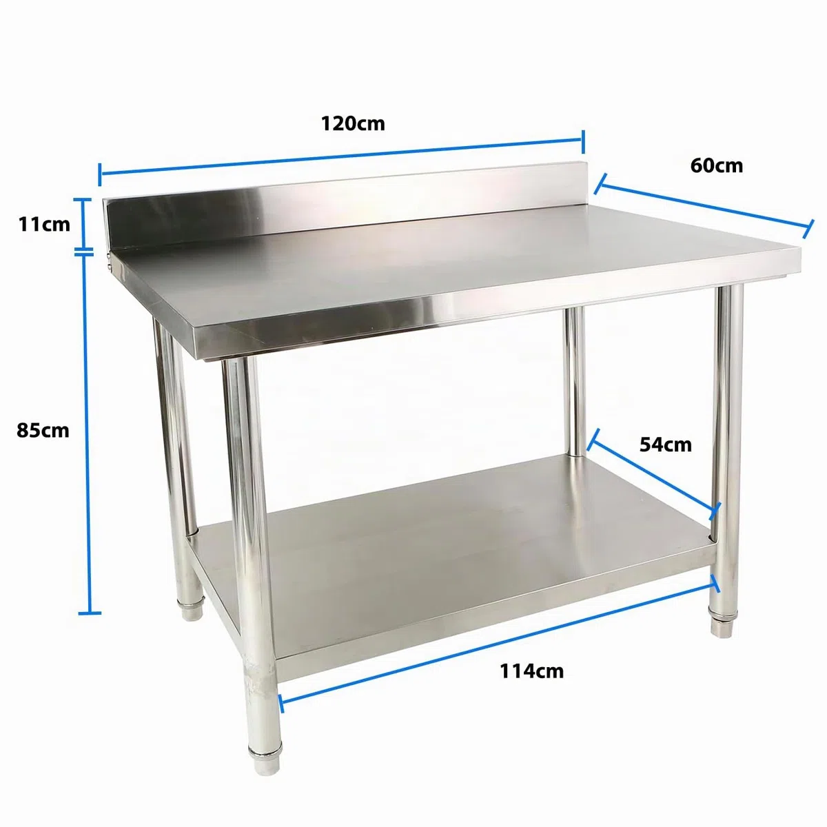 Tavolo da lavoro in acciaio inox, 120 x 85 x 60 cm, con alzata, portata fino a 250 kg, tavolo da cucina in acciaio inox, con piedini regolabili e ampio ripiano inferiore