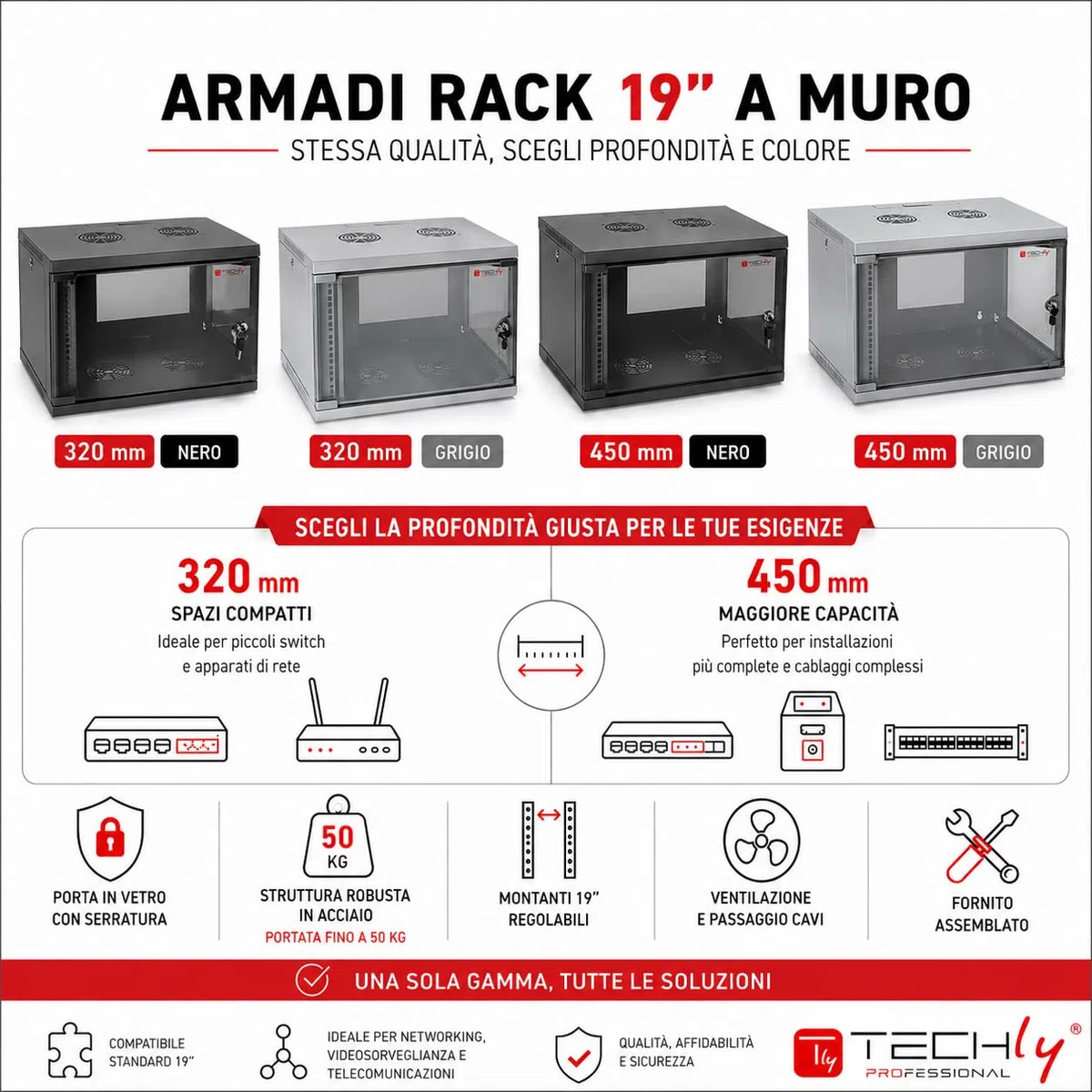 Techly Professional 023592 Armadio Rack 19" a Muro 6U Prof. 320 Nero Assemblato Nero