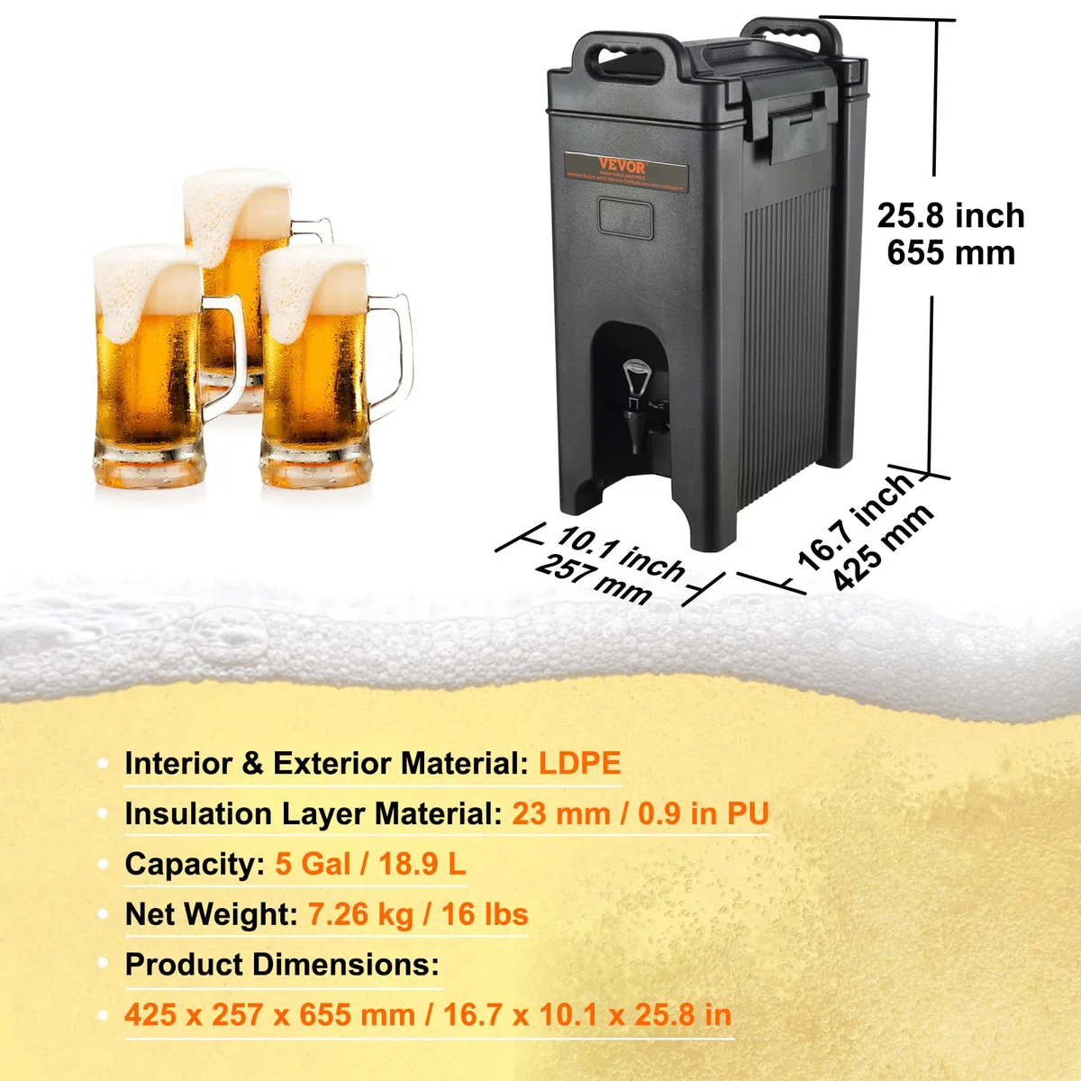 VEVOR Distributore per Bevande Isotermico con Rubinetto di Erogazione Capienza ca. 18,9L Materiale Alimentare per Buffet Festa Evento, Contenitore Isotermico per Distribuzione Bevande Calde/Fredde