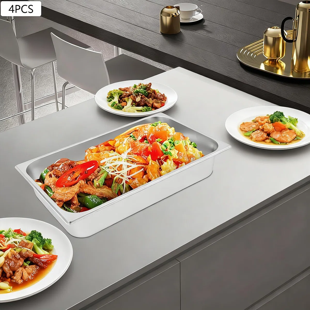 Set di 4 vassoi per alimenti GN 1/2 in acciaio inox 7,5 l, 32,5 x 26,5 x 10 cm, piatto da cucina profondo per buffet, ristorante, cantina