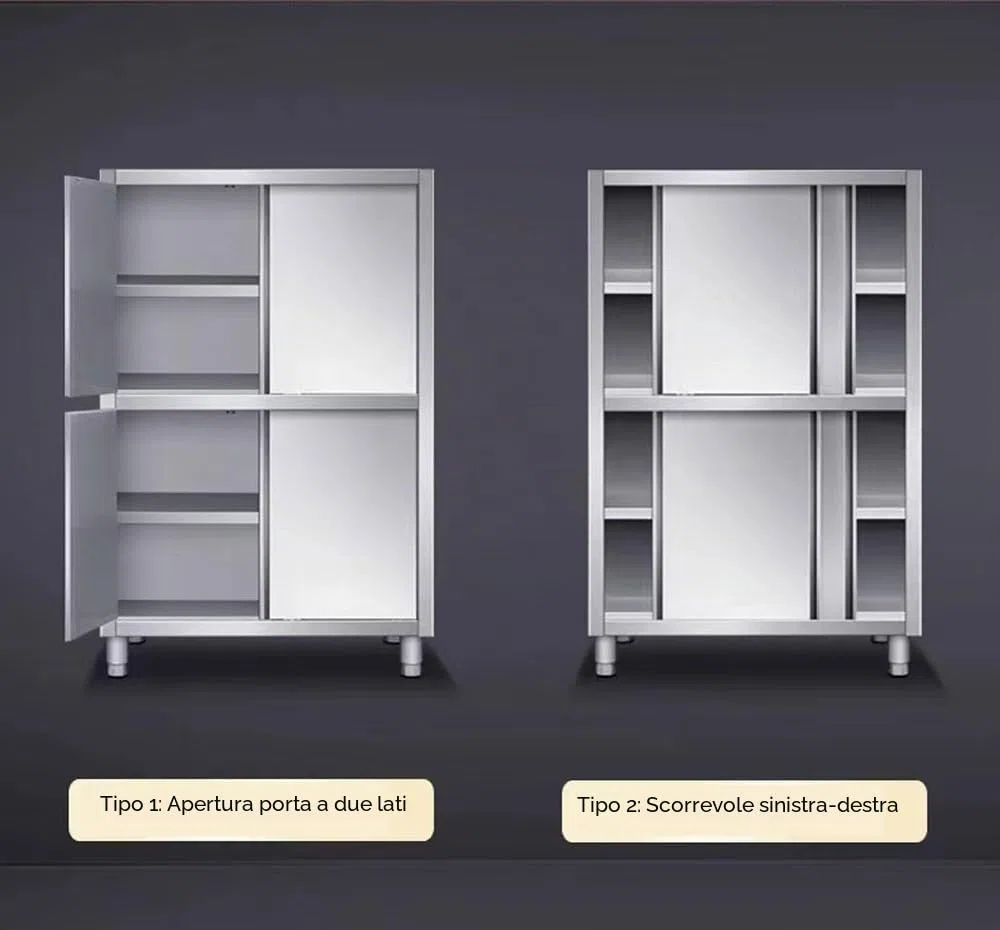 Armadio da Cucina in Acciaio Inox – 3~4 Ripiani Regolabili, Porte Scorrevoli o Doppie Ante, Cassetto Centrale – per Ristoranti, Panetterie, Hotel, Cucine Professionali