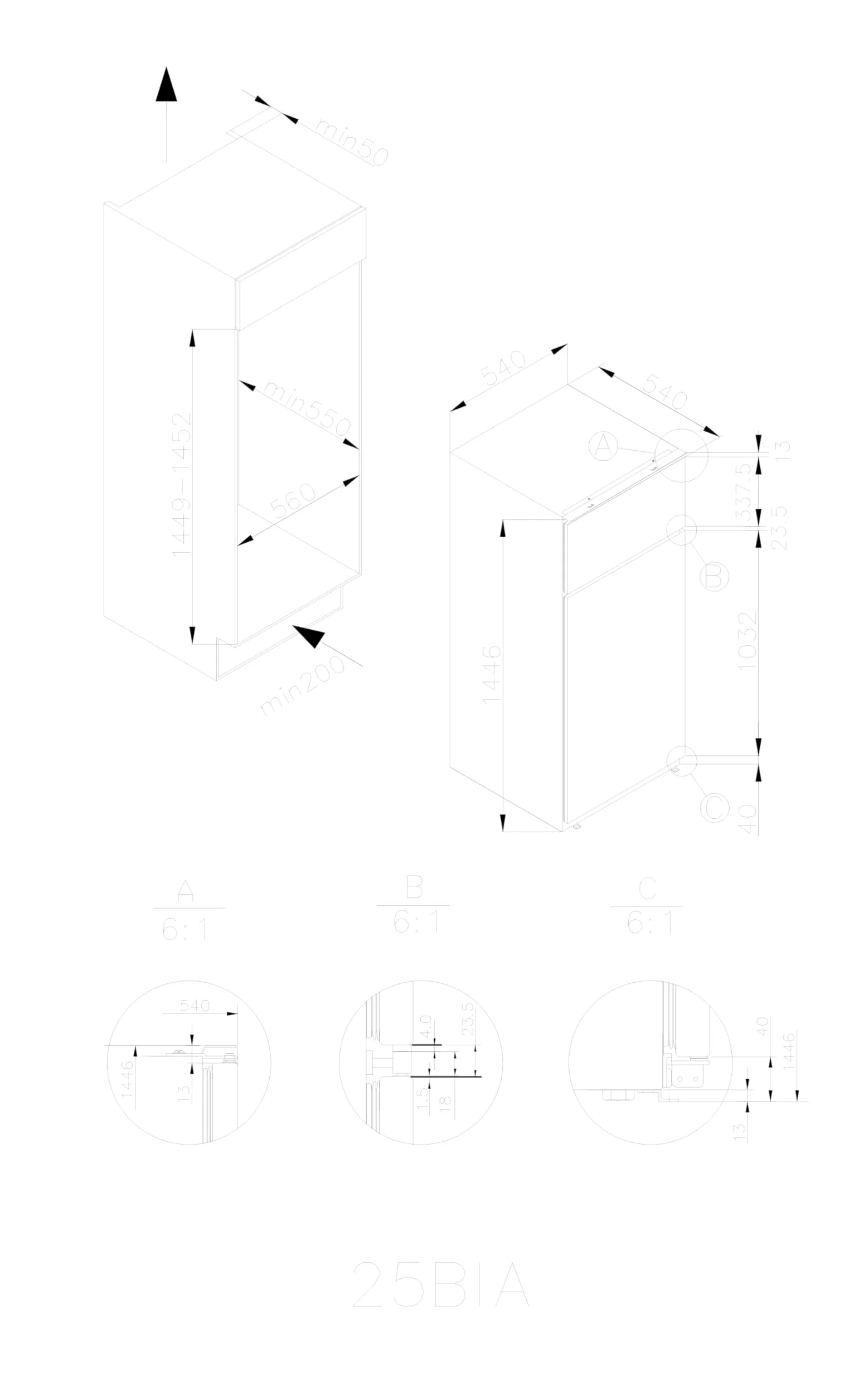 Candy CFBD 2450/5EH - Frigorifero da incasso con congelatore, porta a traino, a due porte, nicchia da 144 cm, 205 litri, frigorifero da 169 litri, congelatore da 36 litri, 1 cassetto per verdura, 4