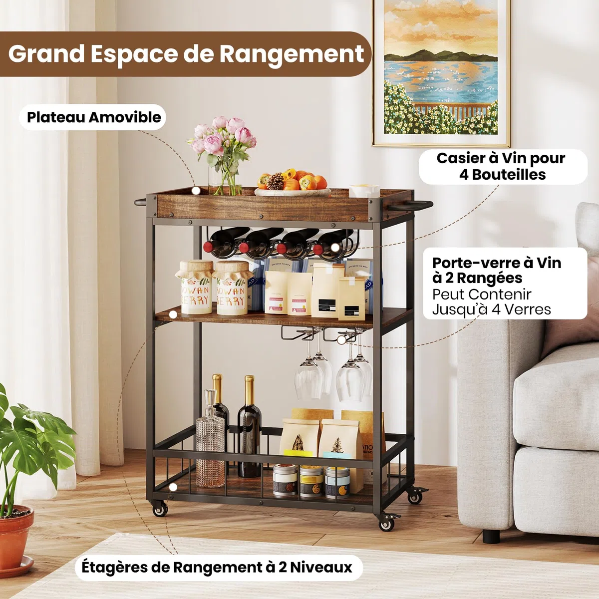 GIANTEX Carrello Bar con Ruote Bloccabili, 3 Livelli, Vassoio Rimovibile, Armadietto per Vino e Portabicchieri, 84x40x90 cm, Marrone