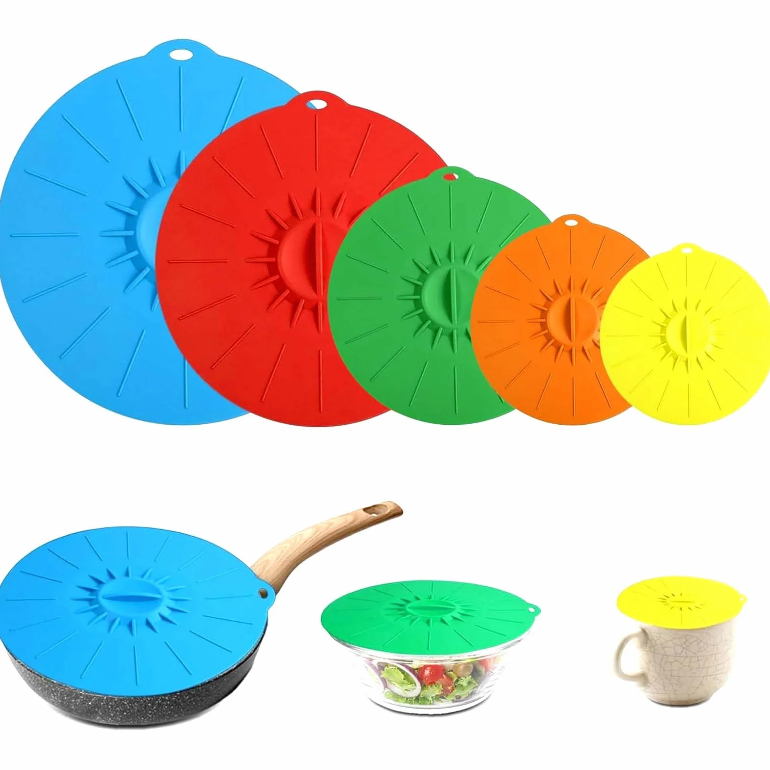 Coperchio in silicone colorato, riutilizzabile, universale, coperchio in silicone per yogurt, antipolvere, copertura per alimenti, in 5 misure, adatta a tutti i contenitori rotondi, bordo piatto