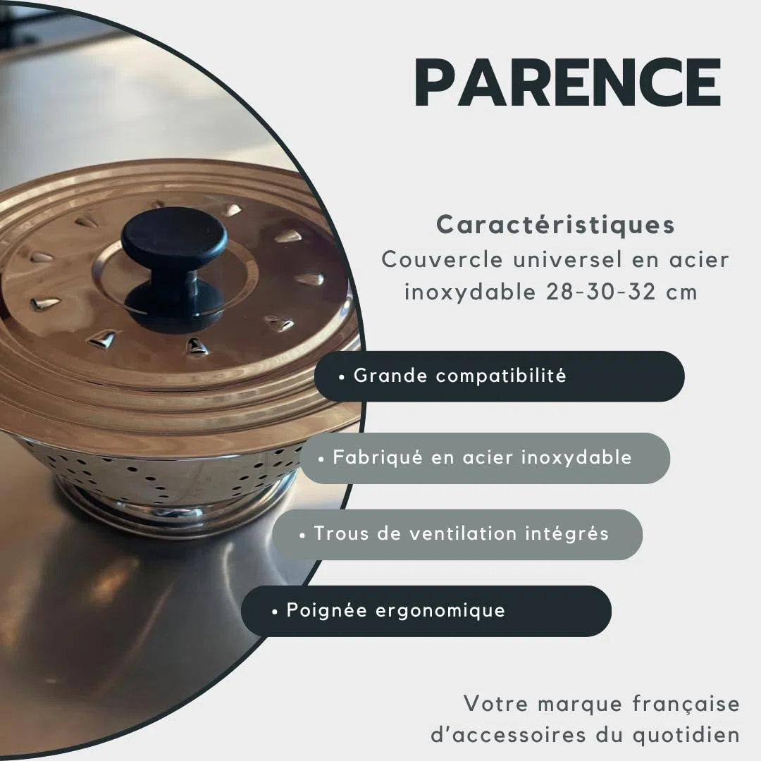 PARENCE.- Coperchio universale in acciaio inox 28-30-32 cm – Coperchio per pentole e padelle con fori di ventilazione e manico ergonomico – Grandi dimensioni e alta resistenza