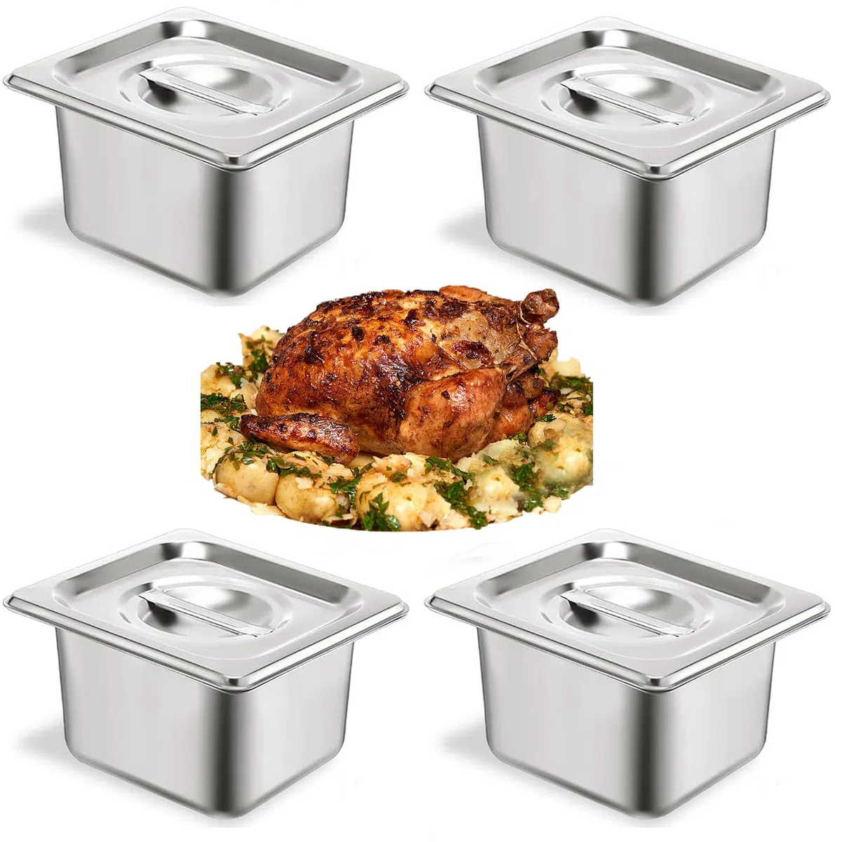 4 contenitori GN con coperchio, contenitore Gastro, contenitore in acciaio inox con coperchio, contenitore in acciaio inox con coperchio, dimensioni 1/6 17,5 x 16 x 10 cm