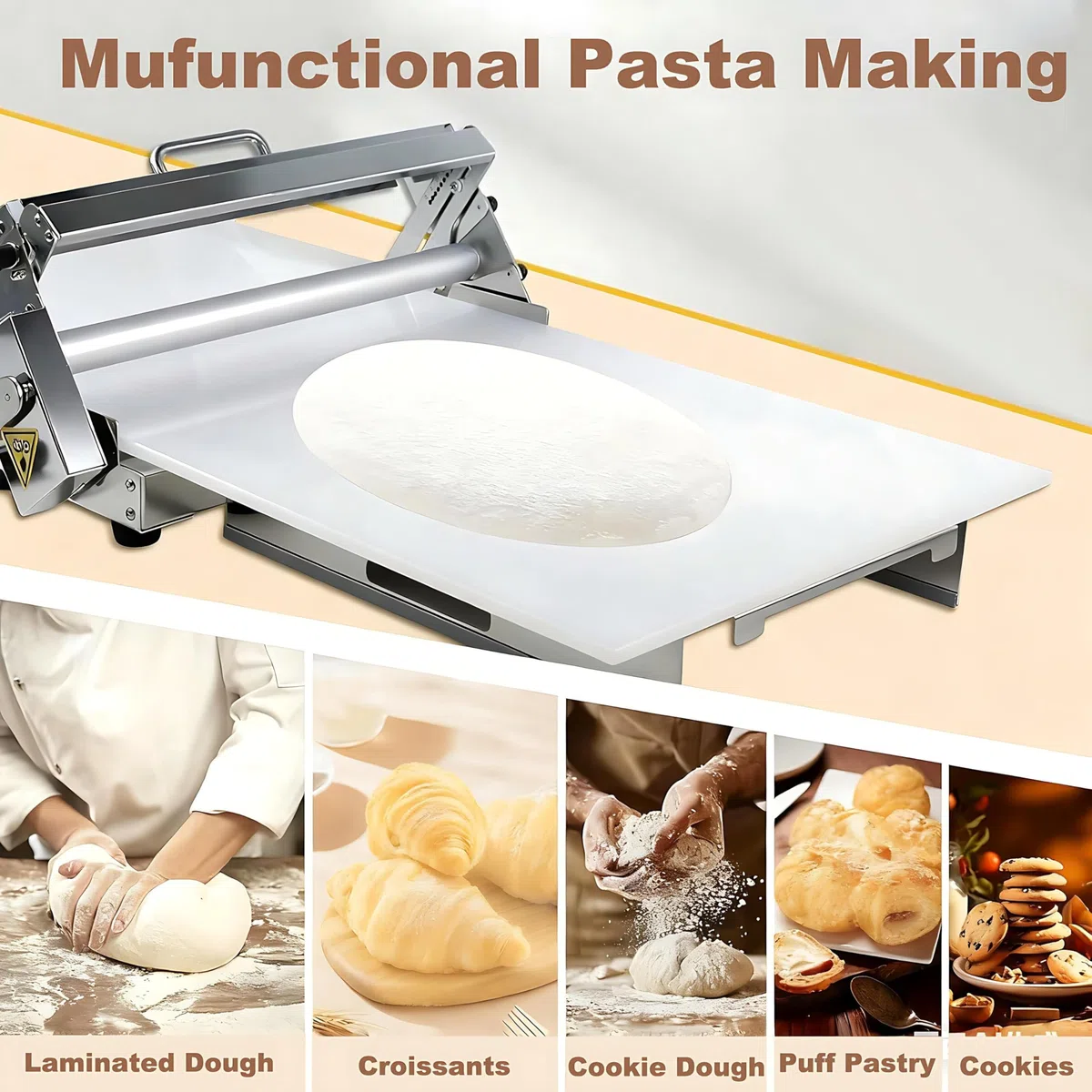 Sfogliatrice Manuale in Acciaio Inox, Spessore Regolabile 5-25 mm, per Pizza, Cornetti, Pasticceria e Fondente, Design da Tavolo, per Pizza e Commerciale Width11.81in