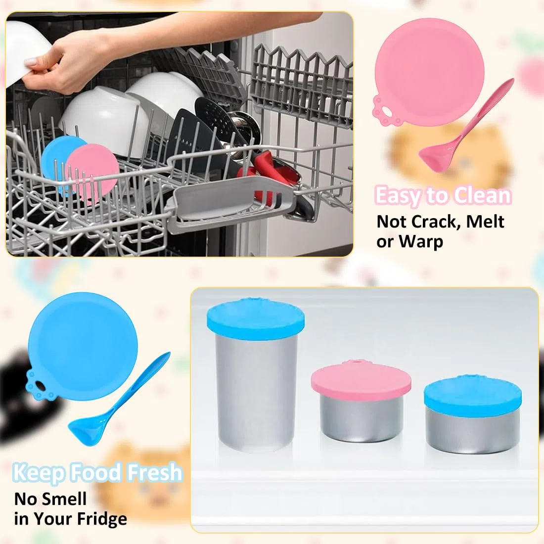 3 Pezzi Coperture per Lattine per Animali, Ucoperchi Universali in Silicone per Barattoli di Latta per Cani e Gatti Coperchi con 3 Cucchiai