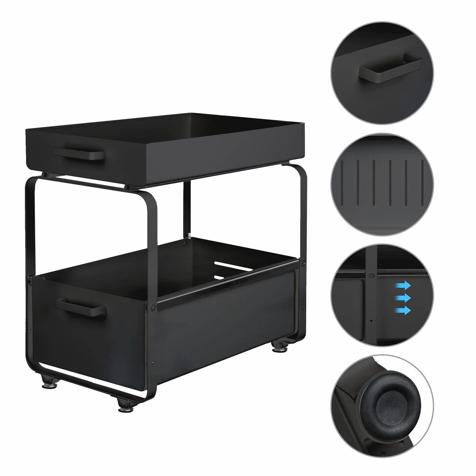 HUOLE Organizzatore a 2 Ripiani con Cassetto Portaoggetti Sotto il Lavandino Scorrevole Cestino Estraibile Portaspezie Organizer per Snack per Cucina Bagno Camera da Letto-40 * 25,5 * 39,5 cm-nero