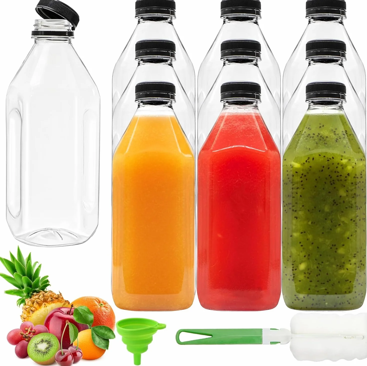 Coloch Confezione da 10 Bottiglie di Plastica per Succo da 33 Oz con Tappi Neri, Bottiglia Vuota Trasparente da 1L Bottiglia Riutilizzabile per Bevande in Plastica per Latte, Acqua, Succo, Bevande