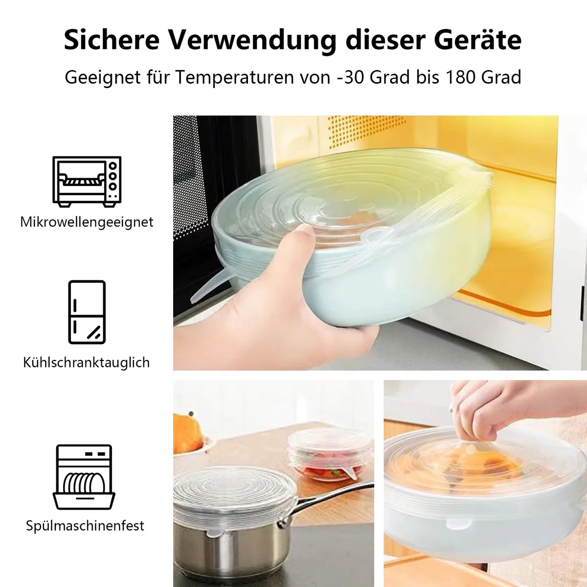 6 coperchi in silicone estensibili, 25 cm, rotondi, trasparenti, senza BPA, riutilizzabili, per bicchieri, lattine, frutta