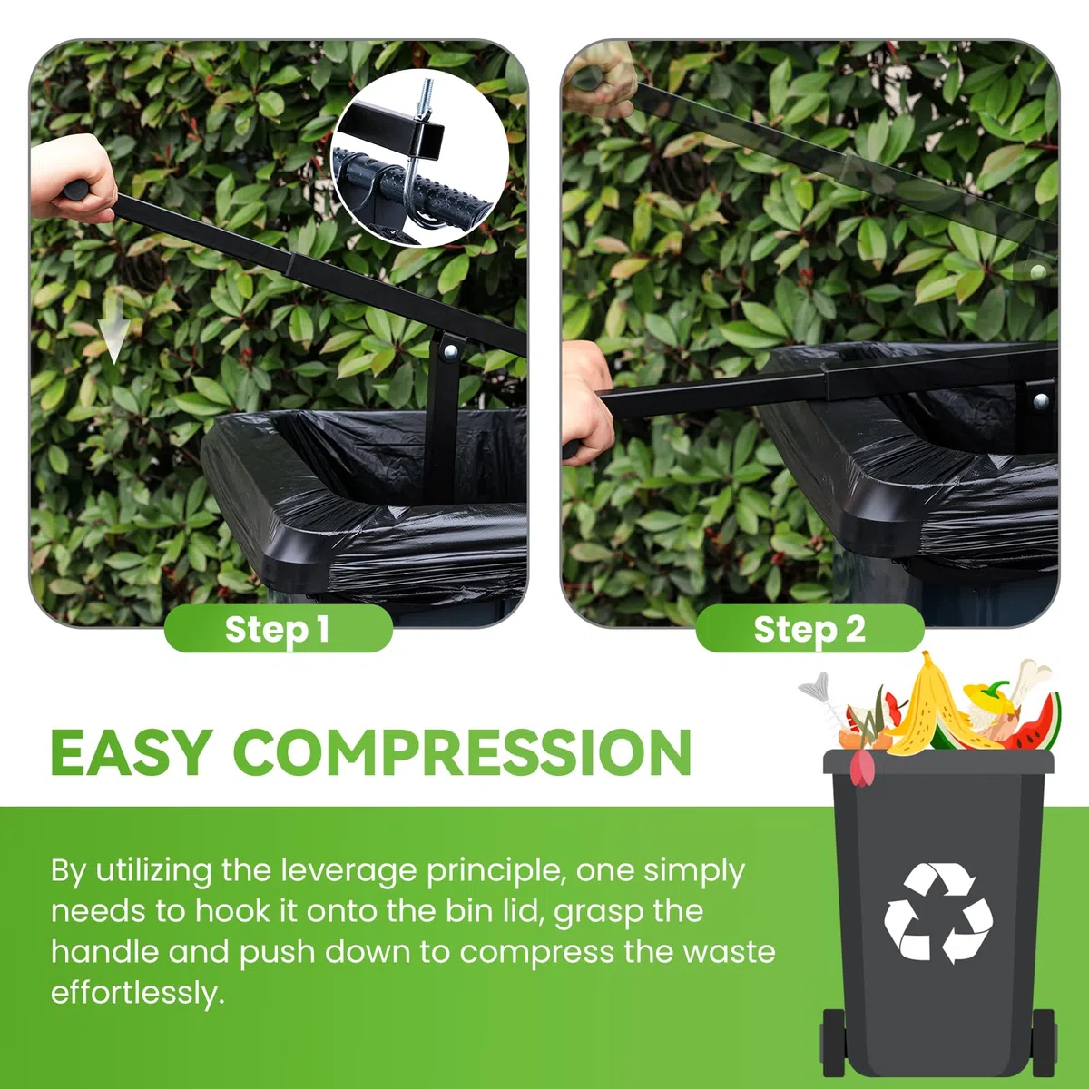 NEWTRY Compressore rifiuti per bidoni da 120L-360L, Ridurre il volume dei rifiuti domestici cucina giardino,nero